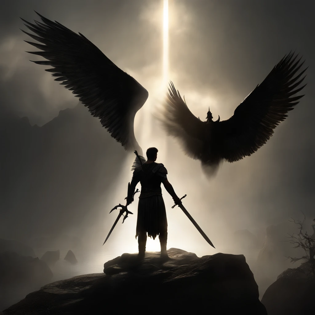 best quality, master part, ultra-highresolution, (fotografia realista:1.4),surrealismo, Semelhante a um sonho,FusionArt, Shadow dancer, magia das sombras, Darkness Control, Arafed image of a male angel with a sword and a demon, epic fantasy digital art, Unreal Engine Arte de fantasia, Arte Guildwar, Arte de fantasia 4k, epic fantasy HD art style, fantasy epic digital art, Sombras. alta fantasia, epic fantasy game art, epic fantasy art, arte do jogo de fantasia medieval, tela de carregamento", Arte de fantasia 8k