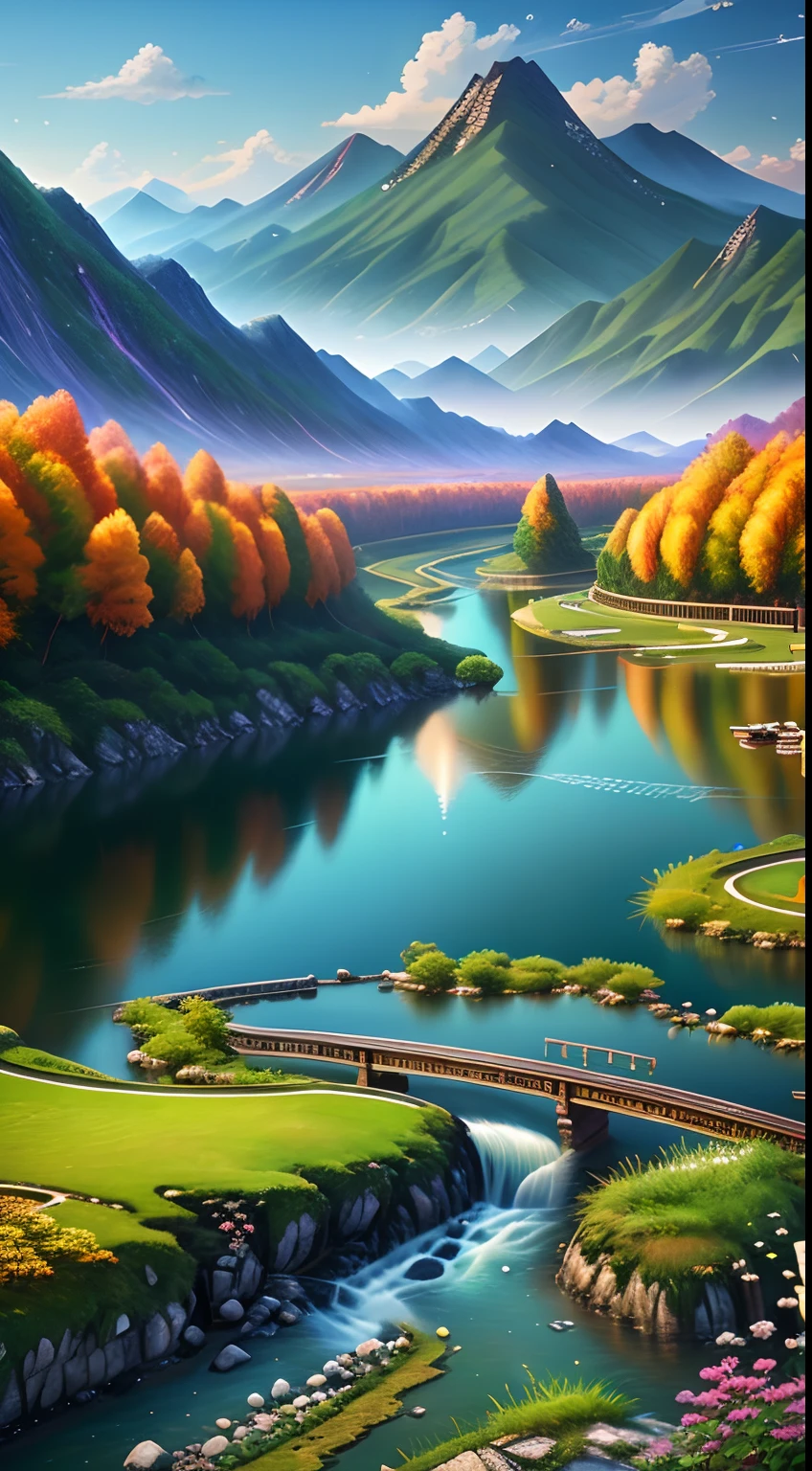 Wallpapers,scenecy,Far Mountain,Eau,Traditional Gangnam,idyllic scenery,(Very detailed CG unity 8K wallpaper),most beautiful artwork in the world,iintricate,high detal,sharp fokus,dramatics,Realistic painting art,Chinese landscape scenery