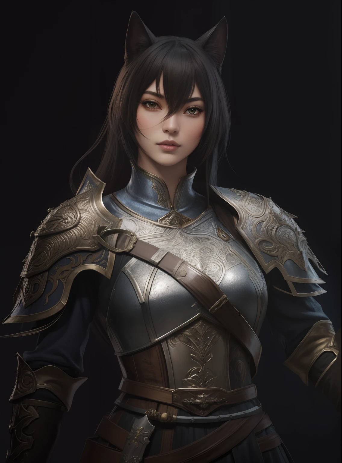 uma mulher em armadura com orelhas de gato e espada, retrato cavaleiro feminino, personagem feminina, personagem de fantasia hiperdetalhado, arte de personagem impressionante, protagonista feminina, cavaleiro feminino, epic exquisite character art, Personagem altamente detalhado, arte do personagem do motor irreal, Personagem de RPG, inspirado em Leng Mei, gorgeous female paladin, cavaleiro feminino bonito, da armadura, by senior character artist
