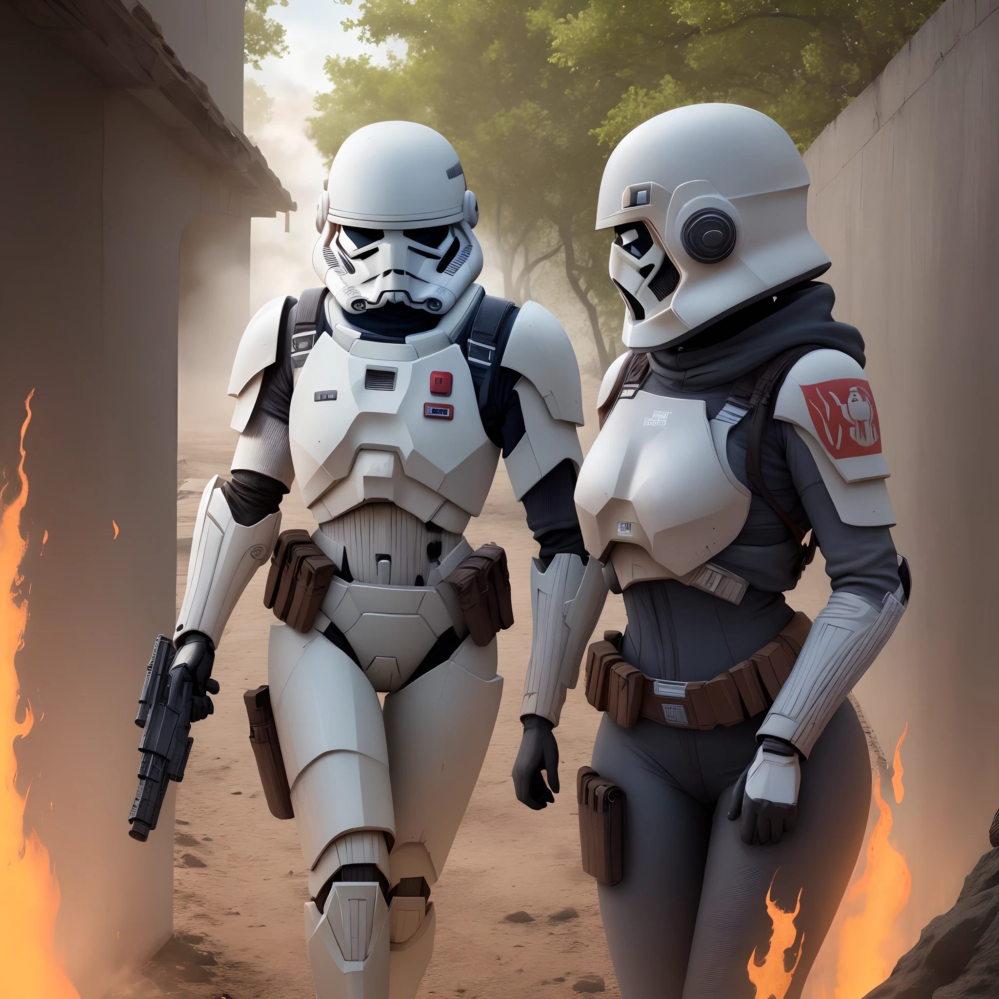 Feminino Doom Trooper Cabelo Longo Cabelo Vermelho, Branco mexicano, Terno preto com cinza, sem capacete e arma de fogo, corpo inteiro, Fire scenario