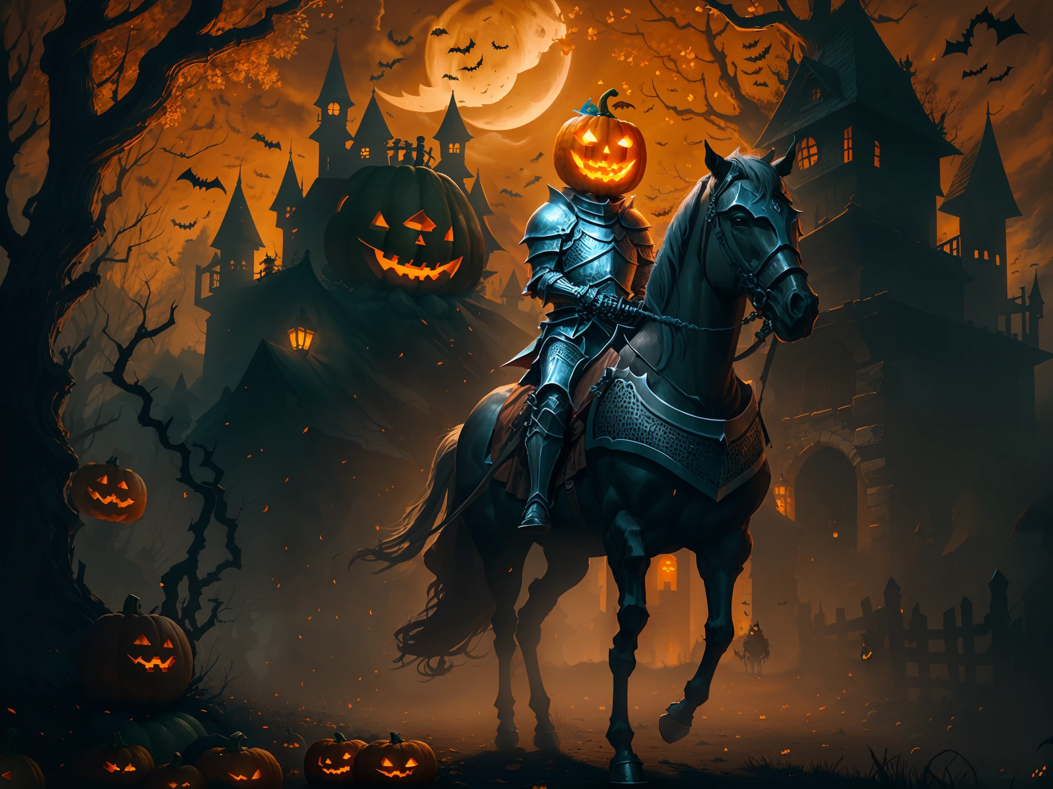 arafed knight on a horse with a pumpkin on his head, scary knight, halloween art style, man in horse costume, evil knight, pumpkin head, halloween, halloween atmosphere, halloween scene, halloween night, darksiders halloween theme, halloween theme, knight on horseback, skeleton knight, jack - o'- lantern, guillem h. pongiluppi