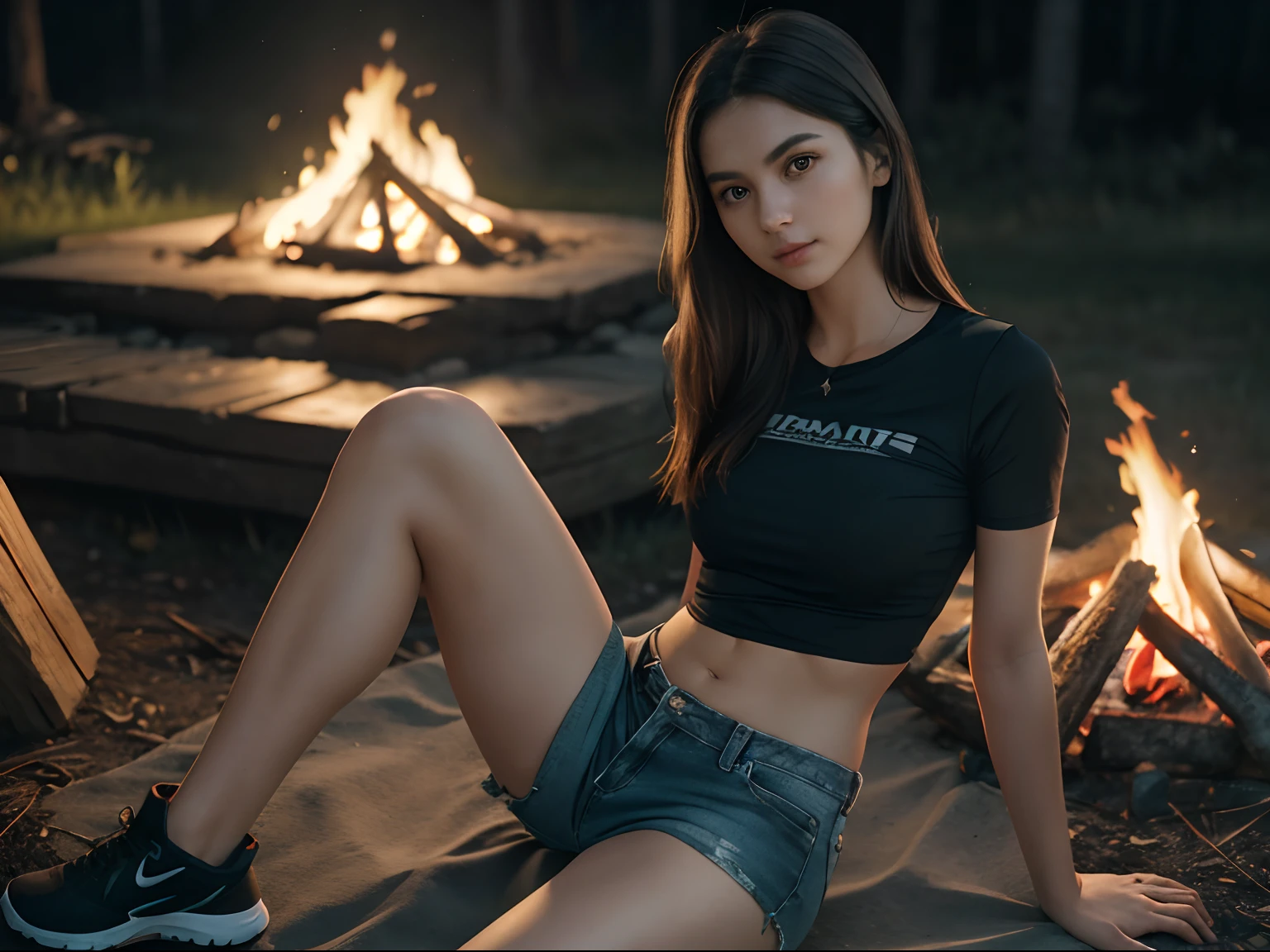 Distance shot, full shot, a beautiful, slim, athletic 25-year-old brunette girl alone in the mountains, short shirt, tight shirt, midriff showing, jean shorts, sitting by a single campfire, solitude, night outdoors, outdoors at night, bathed in the glow of a fire, night time, photo taken at night, summer night, beautifully lit, outdoors , dramatic composition, epic scale, sense of awe, ultra-high res.photorealistic:.1.4, (high detailed skin:1.2), 8k uhd, dslr, high quality, film grain, Fujifilm XT3