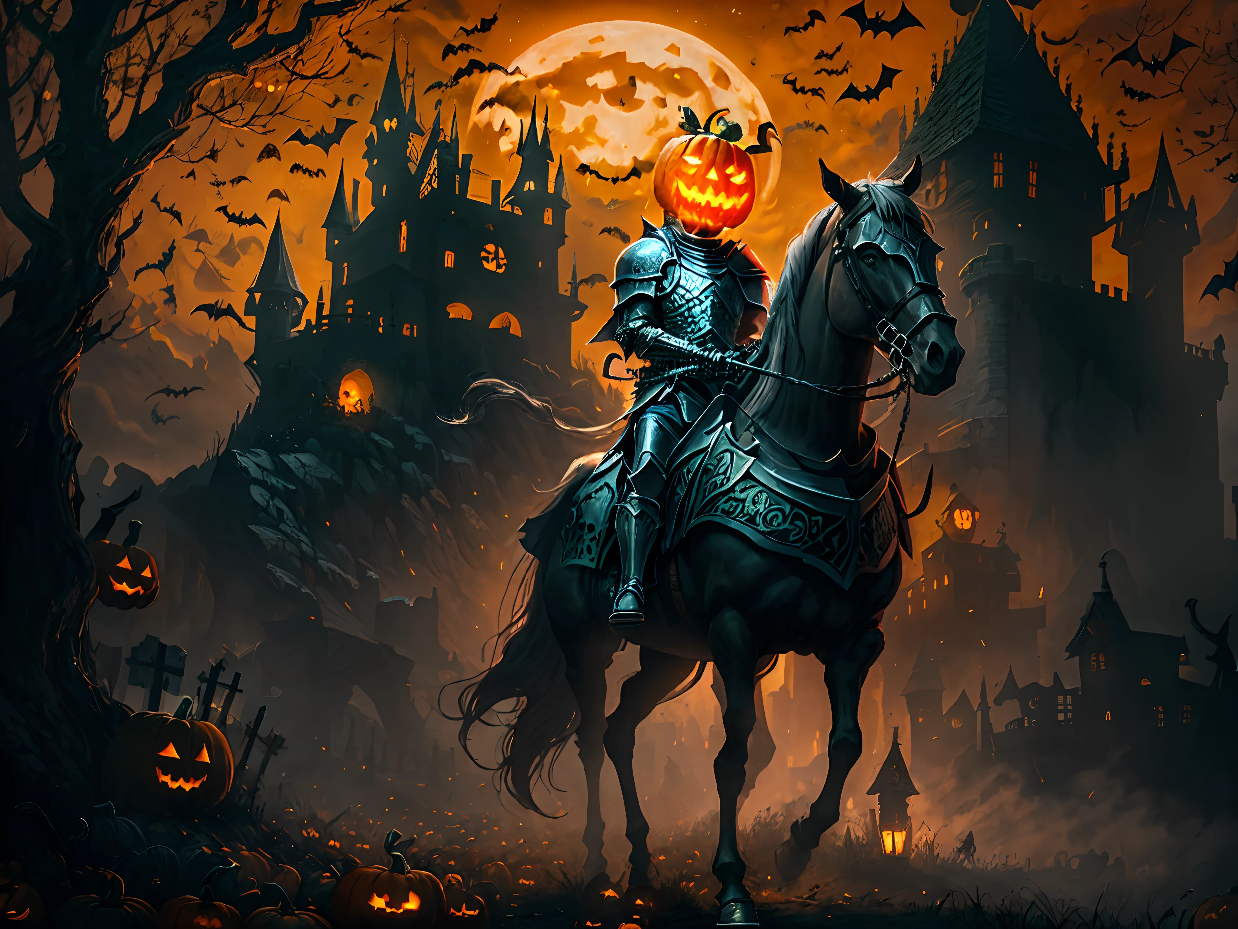 arafed knight on a horse with a pumpkin on his head, scary knight, halloween art style, man in horse costume, evil knight, pumpkin head, halloween, halloween atmosphere, halloween scene, halloween night, darksiders halloween theme, halloween theme, knight on horseback, skeleton knight, jack - o'- lantern, guillem h. pongiluppi