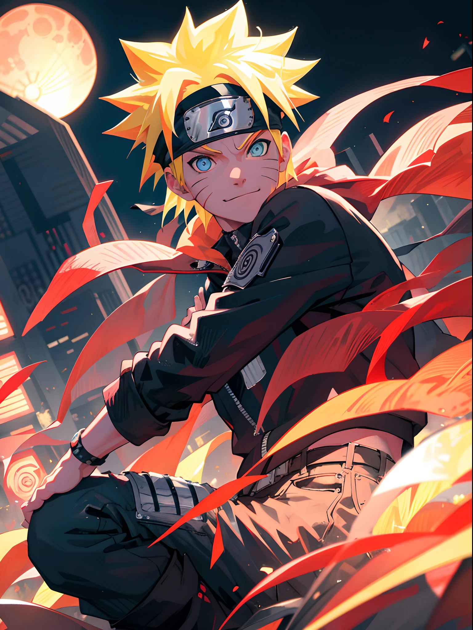 (Best quality),Super detailed,portrait, neon, 1 boy, smile,shonen style, spiky blonde hair, scratches on cheeks, black and red clothing, leather jacket, jeans, boots, bandana with leaf symbol, perfect eyes, cool, blue eyes, full body, color --name Naruto Uzumaki --night background city with futuristic buildings and holograms