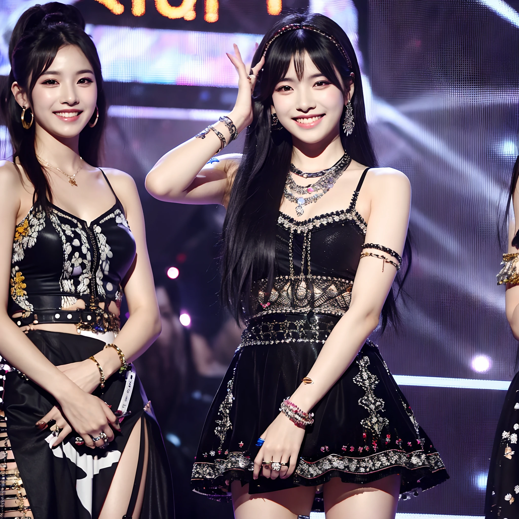 pretty kpop idol girl , cute smile , with black hair with accessories, grunge dress, on phone, on stage accepting a award, highly detailed