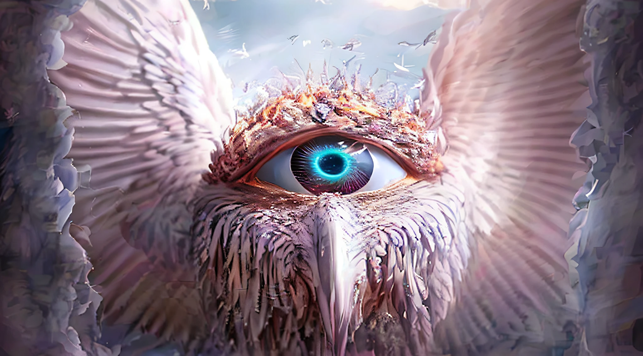 there is a bird with a blue eye and a long beak, open eye freedom, visionary art, highly detailed visionary art, digital visionary art, visionary art style, sparkling bird eyes, beeple. hyperrealism, hyper detailed visionary art, hyper - detailed visionary art, a surrealistic bird, surreal art, realism | beeple, the eye of god rah