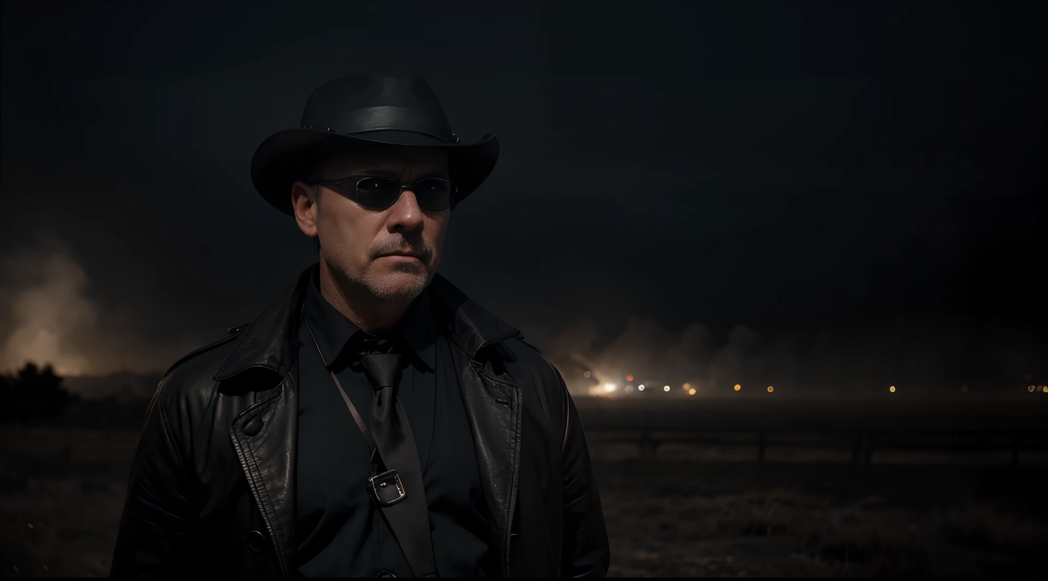 At night, in a mysterious landscape so foggy that you can barely make out a dark background, there is a bald 50-year-old man in his black eye mask playing the iconic The Spirit in his old leather trench coat, long black and black detective-themed fedora hat and striking a stealthy pose in a mysterious setting, high-resolution picture, La mejor calidad, Ultra detallado, 8k, extremadamente claro, Cinematographer, foco nítido, HDR