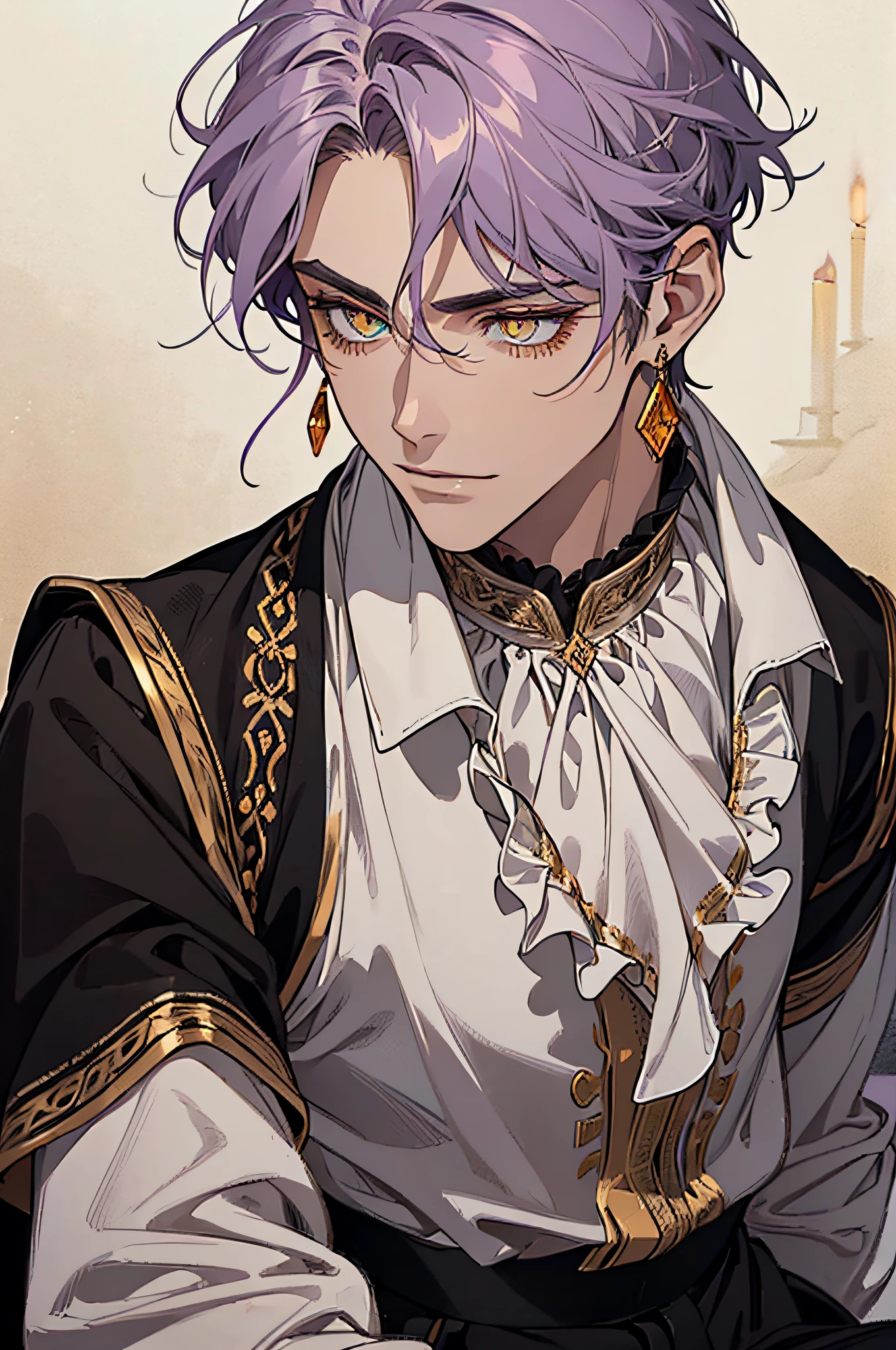 (ember), (((Bronzed Skin))), lavender hair, (((amber eyes))), ((aristocratic guy)), (((Face and eye detailing:1.2))), light grin, Short Hair Hair, Wavy Hair, white blouse with ruffles, Black pants, gold earrings, Black Low Heel Shoes, (Plain background), Straight nose, (Slightly masculine appearance), Warm shades, soft-lighting, Dark background, Aristocratic atmosphere, 8K ,(Masterpiece:1.0),(((Best_Quality:1.0))), (portraite of a)