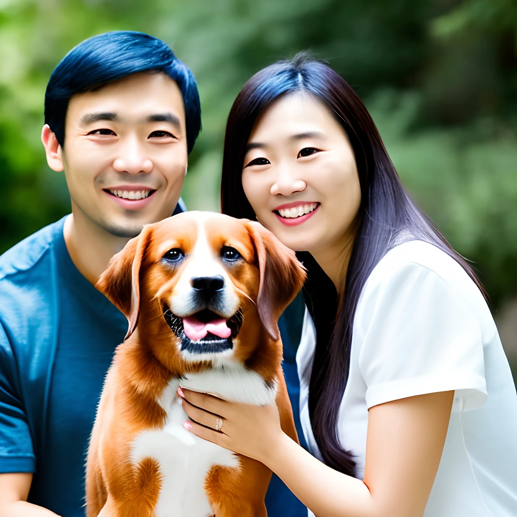 Caucasian women and Asian man couple and their three small dogs