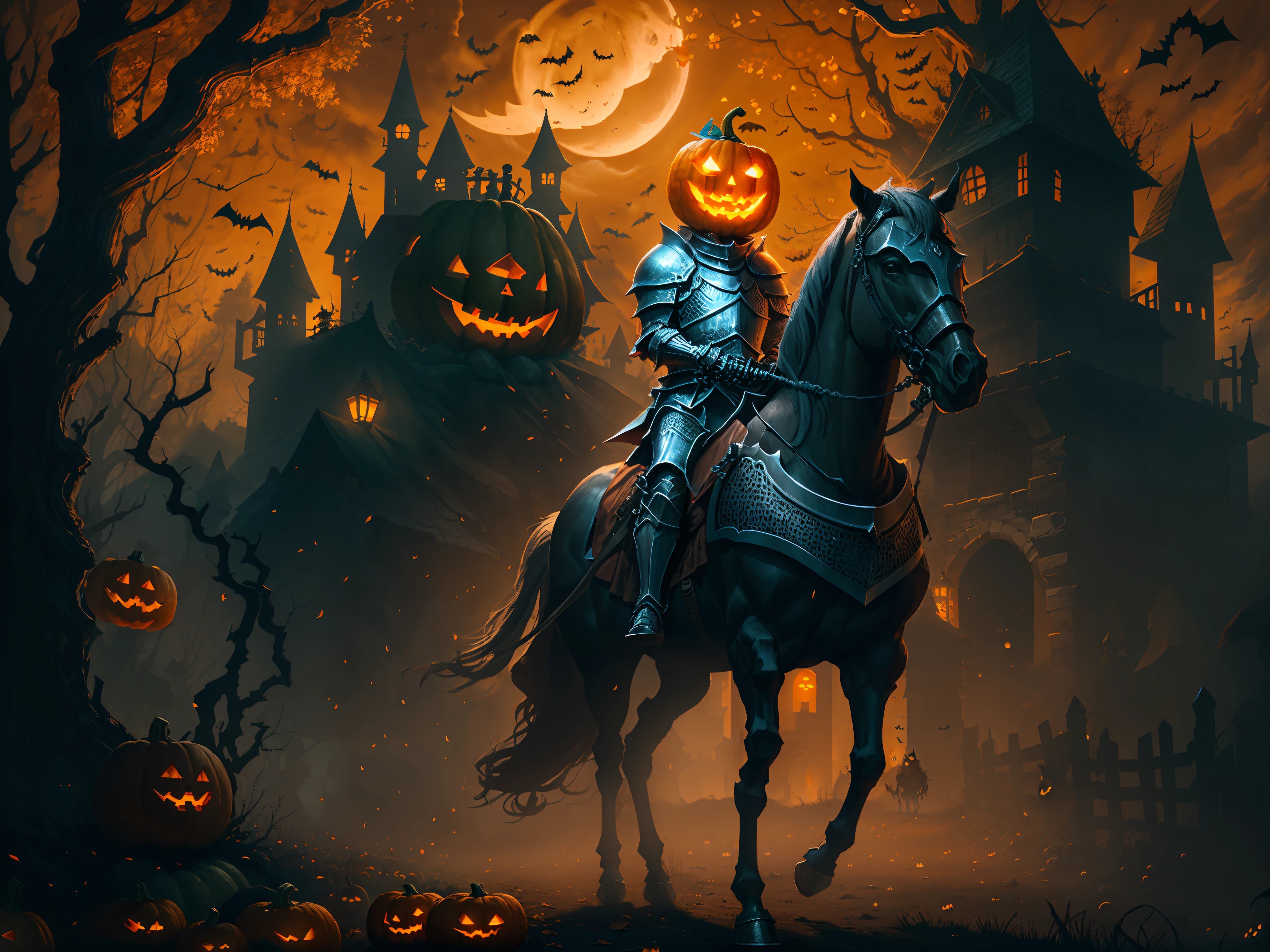 arafed knight on a horse with a pumpkin on his head, scary knight, halloween art style, man in horse costume, evil knight, pumpkin head, halloween, halloween atmosphere, halloween scene, halloween night, darksiders halloween theme, halloween theme, knight on horseback, skeleton knight, jack - o'- lantern, guillem h. pongiluppi