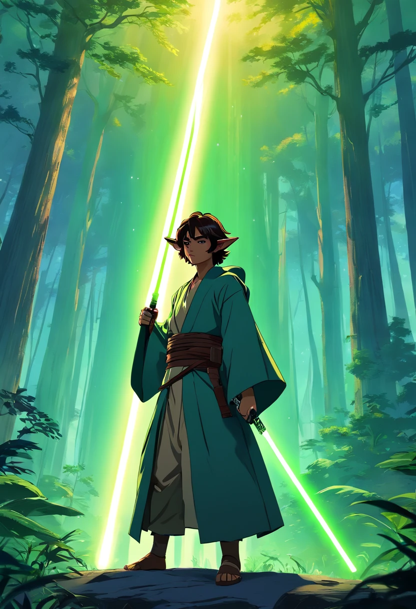 (best quality,4k,Altas,master part:1.2),ultra-detalhado,(Realistic,fotorrealista,photo-realistic:1.37),Darth Vader, (masculino), Guerra nas Estrelas, powerful Jedi Master, Standing in a misty forest surrounded by ancient trees and ruins,using the Force option to move objects,casting a red glow from his lightsaber,shadows and rays of sunshine creating a dramatic atmosphere,vivid colors and intricate details bringing the scene to life,showcasing Yoda's legendary wisdom and strength in the iconic Star Wars universe.