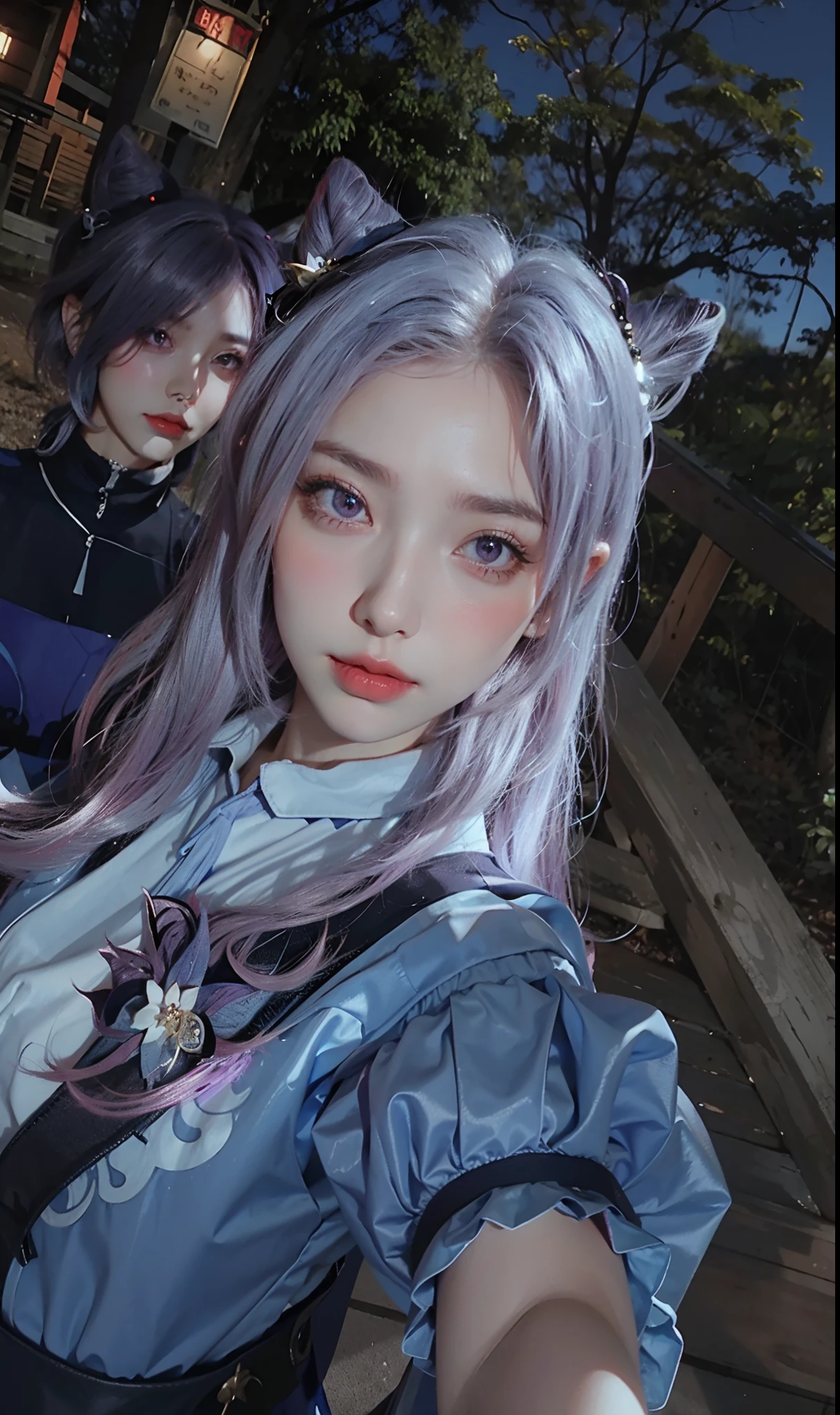 Masterpiece, best quality, detail, depth of field, ultra-realistic, realistic face and eyes, realistic skin texture, cinematic lighting, eyes to see the audience. 1 girl, solo, (frown, closed mouth), keqing_\(genshin_impact\), purple_eyes, purple hair, double tail, sharp eyes, serious face, gloves, black stockings, outdoor, purple lightning, fileg, lightning glowing sword, purple lightning, upper body