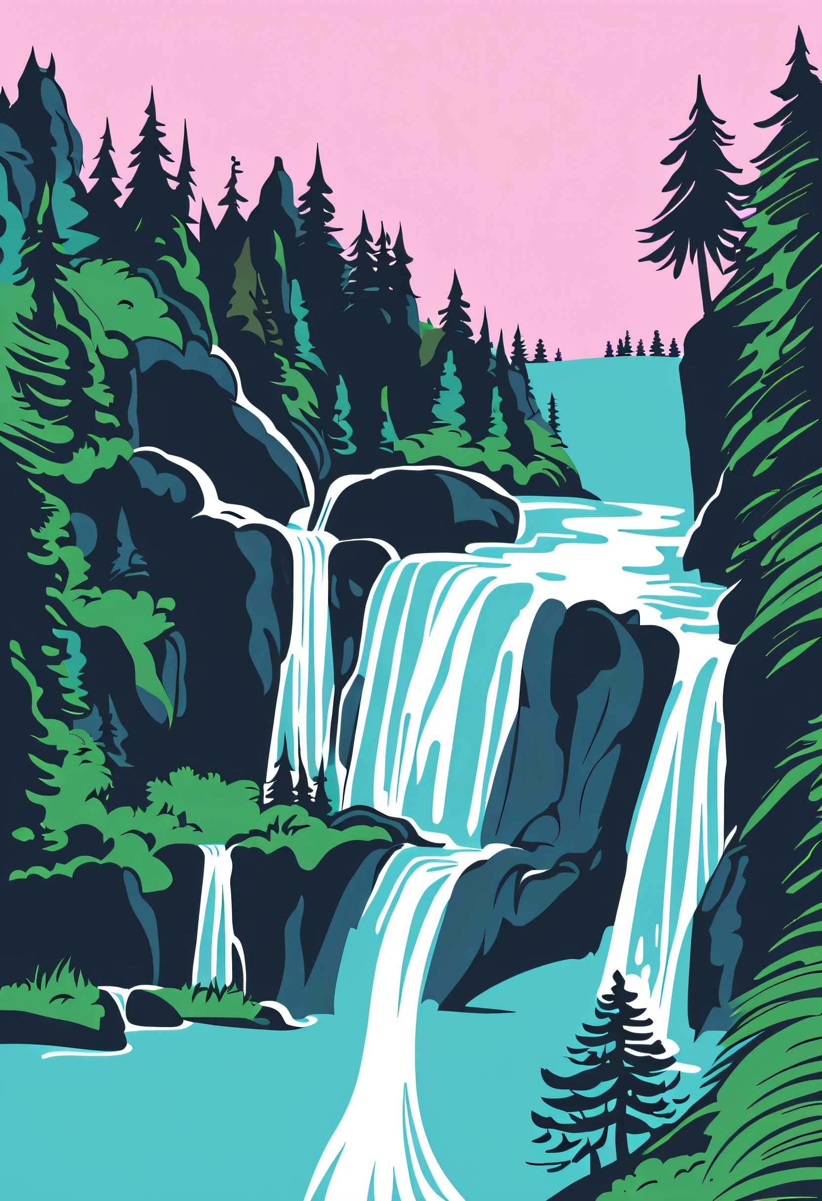/Imagine Prompt: Waterfall illustration for banner on white background, bold outline style, irregular, Trashcore, light shading
