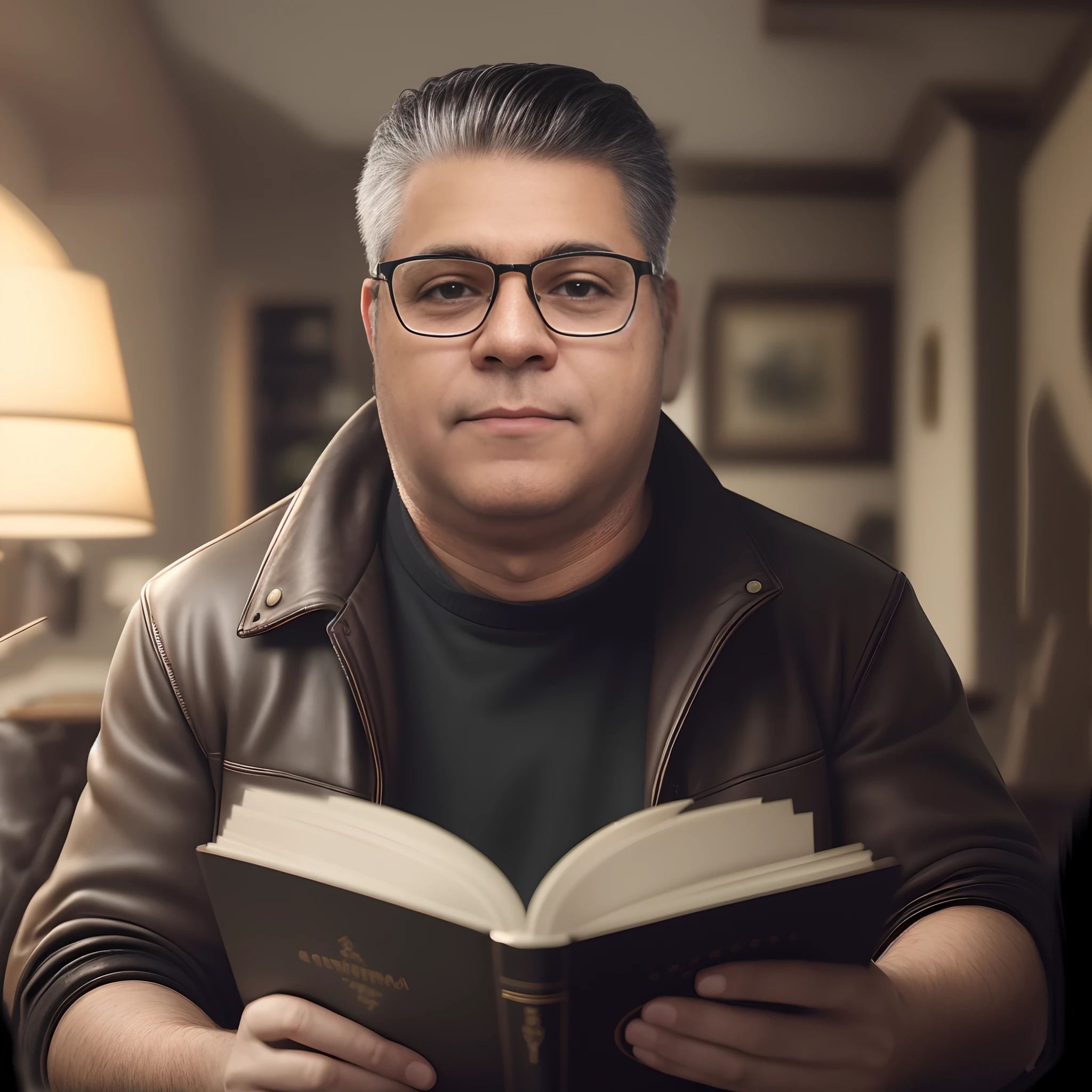 Man in glasses reading a book in a living room, retrato do livro, retrato do livro do RPG, he is holding a large book, Retrato VFX altamente detalhado, 8k portrait render, foto retrato realista, Realistic portrait, realistic fantasy rendering, Retrato do conceito do personagem de mim, retrato de personagem de mim, retrato de alta qualidade, semi-realistic rendering, retrato vfx altamente detalhado de