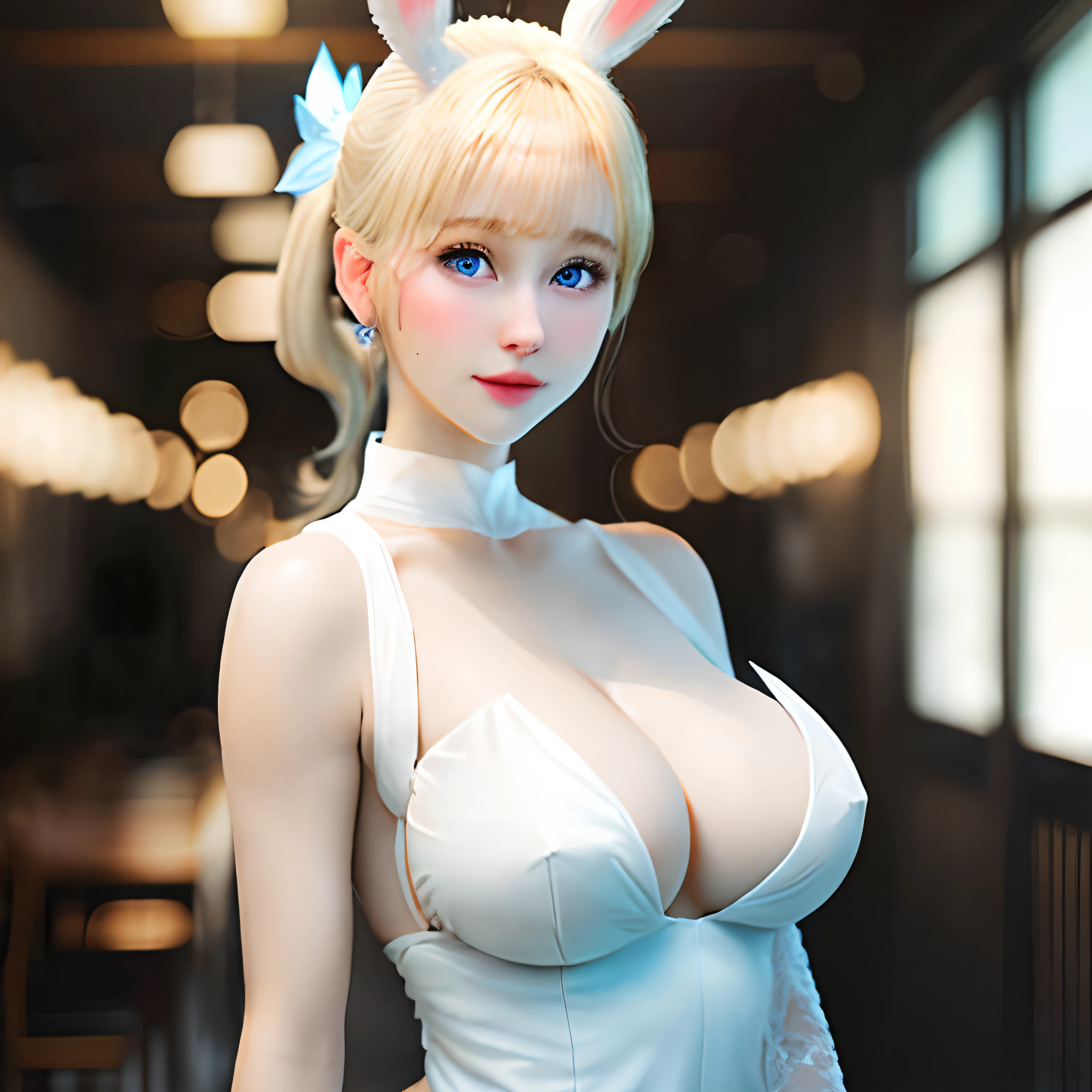 huge breasts
Blonde ponytail
White skin
blue eyes bunnygirl