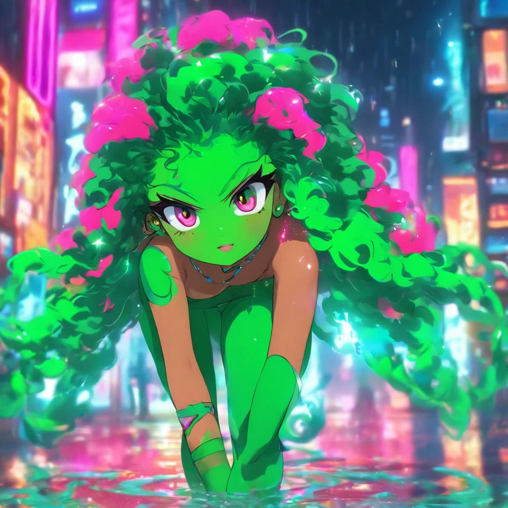 YouTuber Girl,(((1girl))),((Extraordinarily cute and beautiful green curly girl)),

(short ,:1.4),big ,(((green curly hair:1.35,Very curly hair,colored inner hair,Ear breathing,Short hair))),(((Green_eyes:1.3))),intricate eyes,beautiful detail eyes,symmetric eyes,big eyes:1.3,((fat)),(((sparkly skin:1.5,Bright skin: 1.5,tanned skin,sparkly skin,Very shiny skin,shiny body,Plastic Skin Shine,exaggerated shiny skin,Lightened skin,wet feet))),Detailed body,(Detailed Face),

Cute,,,,((())),

zettai ryouiki,revealing clothes,Show skin,((Rave ,Visible  straps,White loose tank top with anime print)),((wet clothing,intricate outfit,intricate clothes)),

(dynamicpose:1.0),Embarrassed,(centered,scale to fit the dimensions,the rule of thirds),

Cyberpunk city by the ocean at night, with bright neon signs and dark storm clouds and puddles, scenery:1.25,

fine art photography,(a  photo of a, made by SLDR),hight resolution, sharp-focus, (Ultra Detailed, Extremely detailed), (Photorealistic works of art:1.37),(extremely detailed CG unity 8k wallpaper),((Synthwave background theme)),(((bright colours))),(intricate  background),(Masterpiece),(Best Quality),