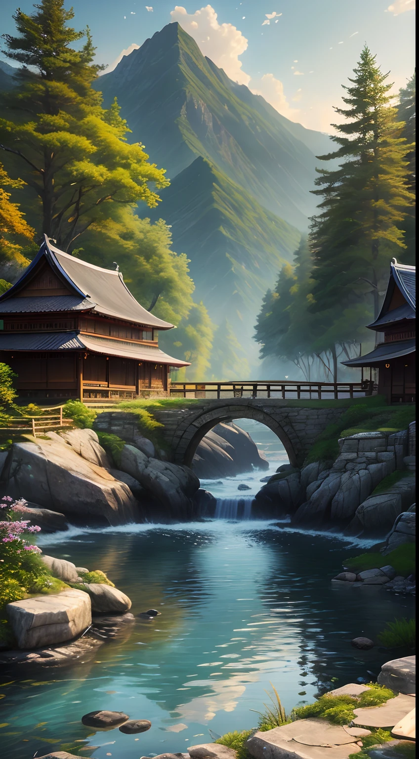 Wallpapers，scenecy，Far Mountain，Eau，Traditional Gangnam，idyllic scenery，（Very detailed CG unity 8K wallpaper），most beautiful artwork in the world，iintricate，high detal，sharp fokus，dramatics，Realistic painting art