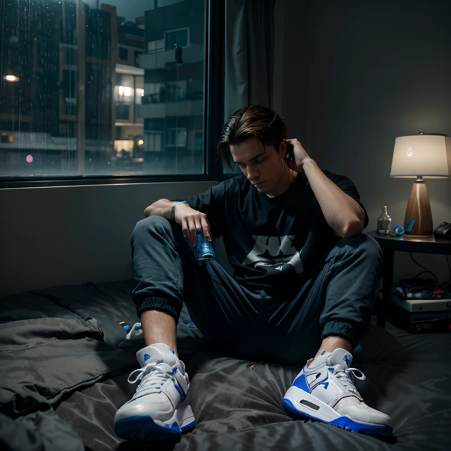 Hyper realistic sonic in his room sitting on his bed while it’s raining outside the window and he looks sad and he’s wearing a black shirt and joggers with glowing blue Jordan 4s and he’s holding a beer bottle