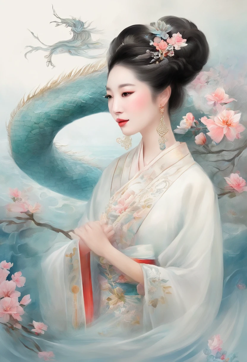 ((Masterpiece,Best quality)),(1girll, Solo:1.4),美丽细致的眼睛,floated hair,white backgrounid,Buble,Fluorescence,Water made up of girls,Gorgeous Chinese costumes,clean backdrop,National tide wind,clouds,wave,Eau,wave,Water Technique,1girll,meditate, orthofacial, Flying long hair,florals,An oriental dragon composed of water,Cyan and white,Works of masters,HighestQuali,high detal,8K