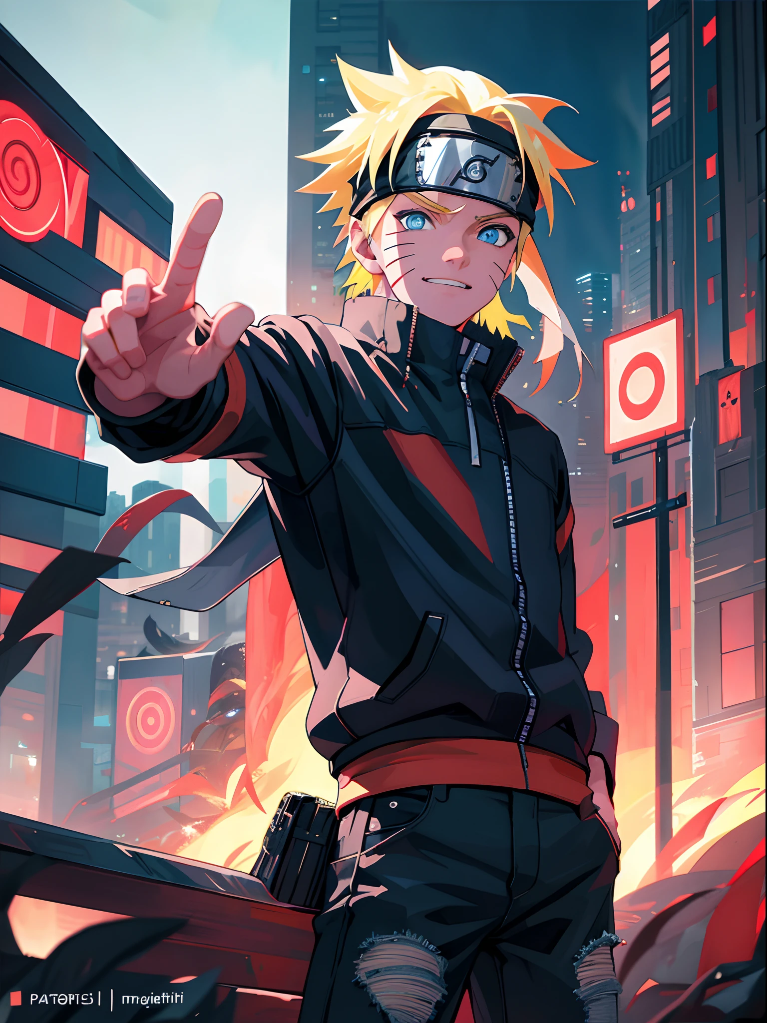 (Best quality),Super detailed,Portrait, neonlight, 1 boy, Smile,Junior style, Pointy blonde hair, Scratches on Cheeks, Black and red clothes, Leather jacket, Jeans, Boots, Turban with leaf symbol, Perfect eyes, Cool, Blue eyes, full bodyesbian, Color --Name Naruto Uchiha --Night background city with futuristic buildings and holograms