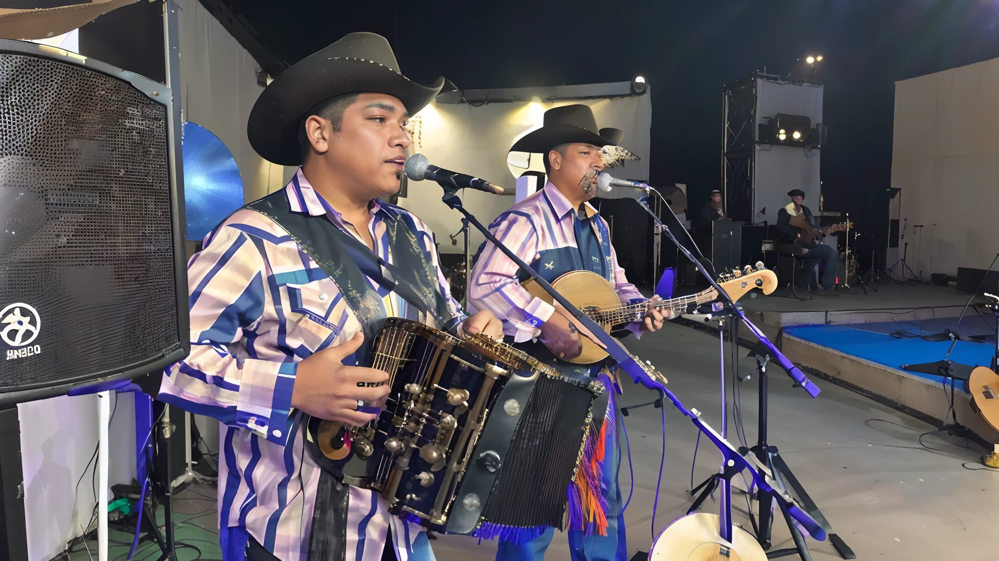 There are two men who are playing music together on stage, Banda Eloy, folkloric, musicians playing instruments, live performance, Vaquero mexicano, Joel Torres, taken in the early 2020s, andres rios, banda, Christian Orrillo, Tocando la bandaa, Instrumentos de bandaa, cowboy themed, james zapata, Imagen de perfil