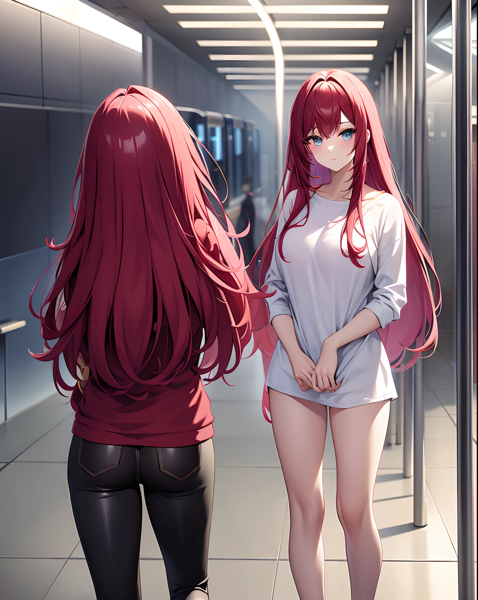 digital art, soft and fantasy style, an anime girl, pretty face, pretty hair, (glittery hair), deep red colored hair, shining diamond-like eyes, looks very confident and charming, not NSFW, wearing glittery tops and shorts, (all glittery, from head to legs), wearing a lot of cute jewelry, glittery in jewelry, omit ugly hands, standing, in a metro station, soft and cozy atmospheres