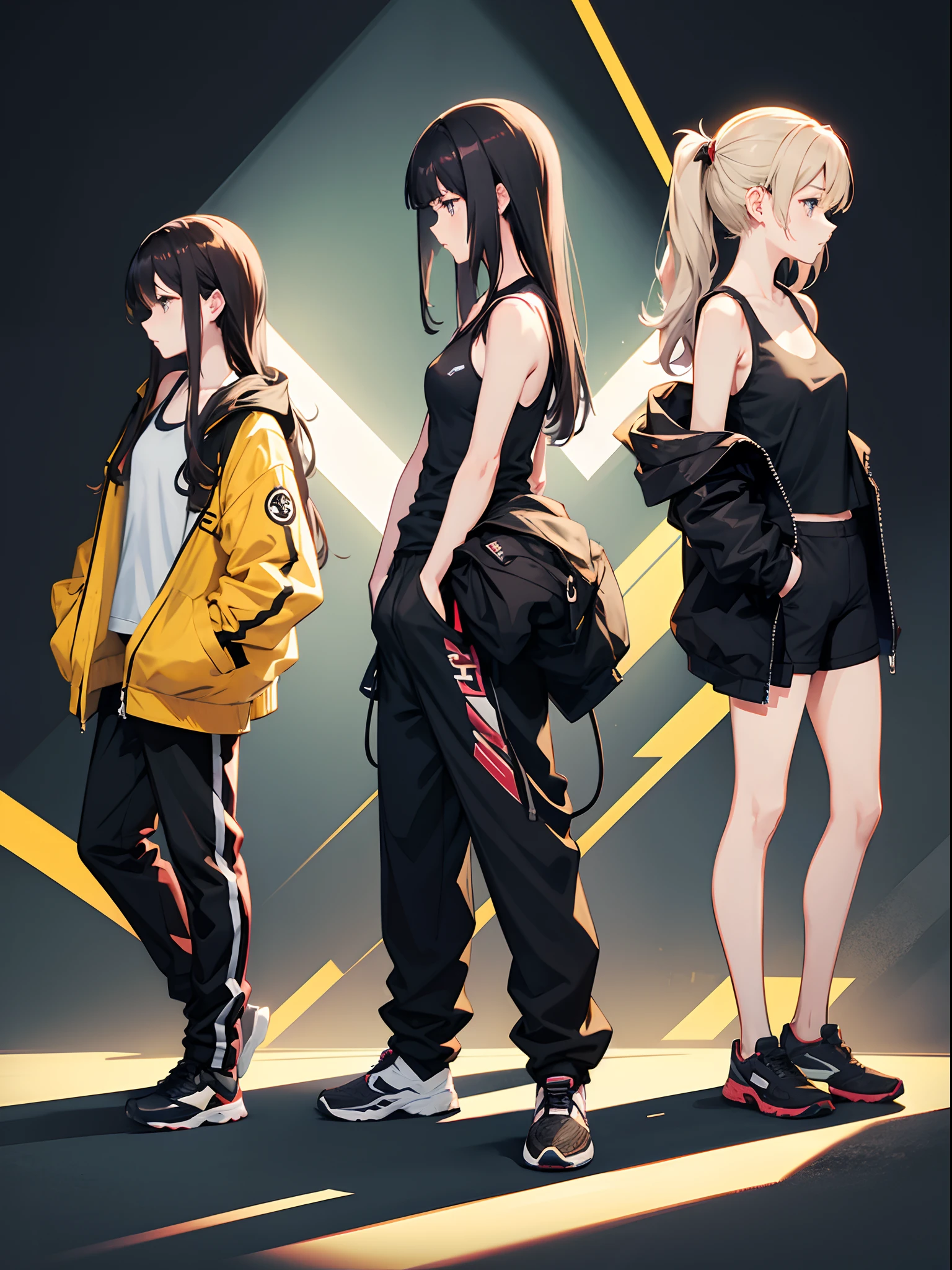 Anime girl, side profile, tank top,jacket,black track pants,brunette, long hairs, standing, full body, black background