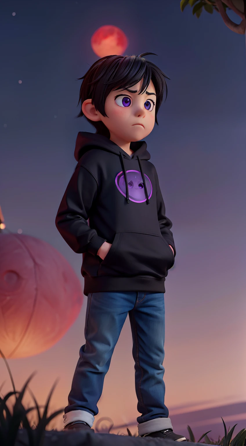 'Loved ones are gone' in this picture..., Represents tranquility.., Beautiful night sky, Starry sky and photography, red moon. foreground, Stand out for boys.., man, Only three years old.... Black hair highlights purple shine, Curious purple eyes, Full of suspicion.... It has large ears.... The eyelids are black., As if they weren't sleeping.. man, Dress in black..., Heartless black hoodie.. On the young boy's head..., High hill standing., Expression is a combination of commitment and concern..., Capture important items from the people you're looking for..., man, Convey the emotion of sadness trying to find someone.... The atmosphere looks mysterious and lonely...,