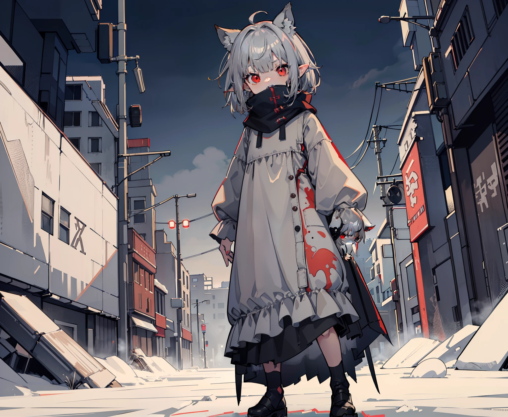 Character design multiple poses full body long shot young child little girl long ears face covered in scales alien bright red eyes full mouth sharp teeth medium length hair curtain bangs grey skin dark grey silver hair messy messy child thin dressed in dirty brown rags gloomy background ruined city covered in snow