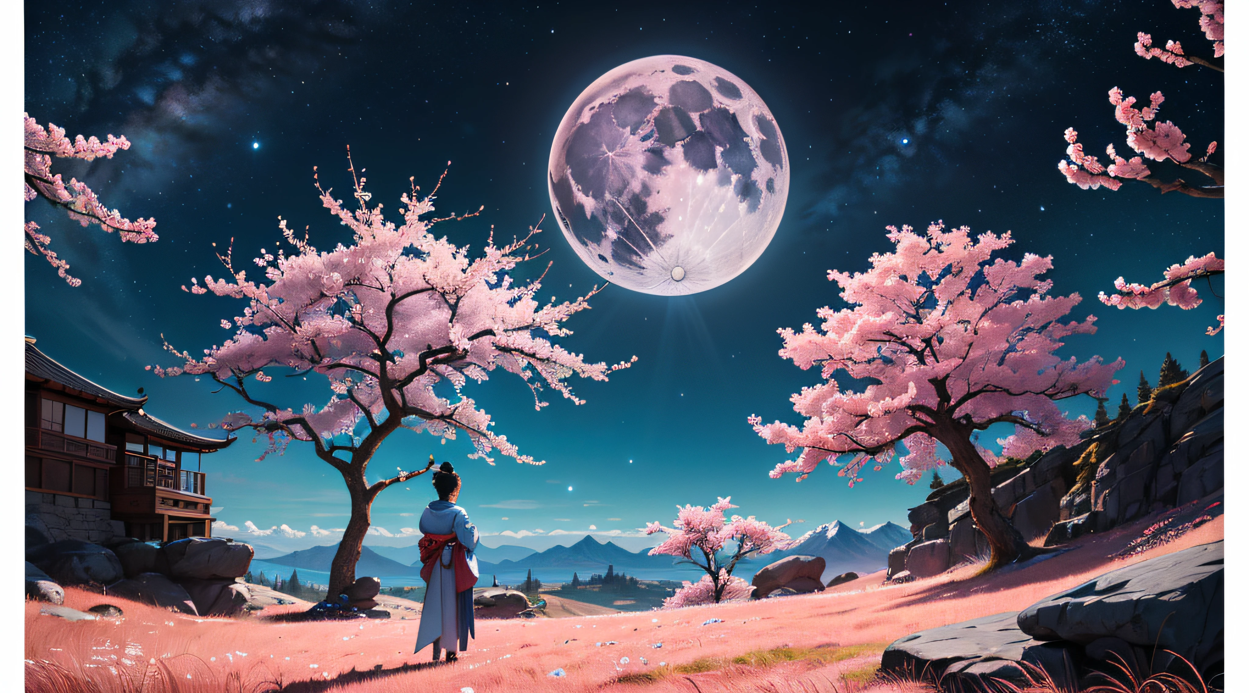 a sexy female samurai standing on a hill with a full moon in the background, sakura trees