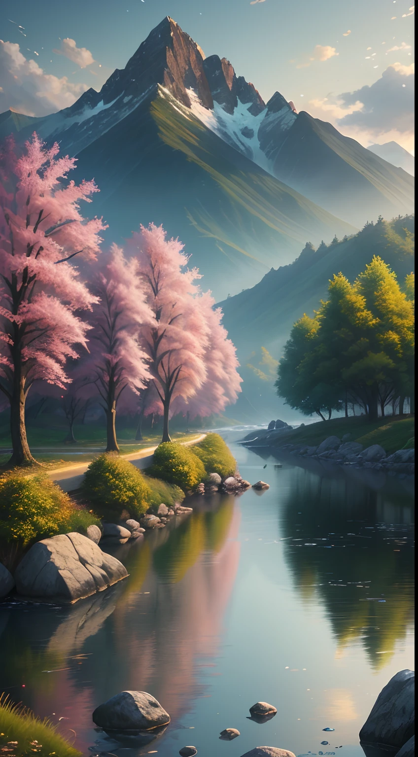 Wallpapers,scenecy,Far Mountain,Eau,Traditional Gangnam,idyllic scenery,(Very detailed CG unity 8K wallpaper),most beautiful artwork in the world,iintricate,high detal,sharp fokus,dramatics,Realistic painting art