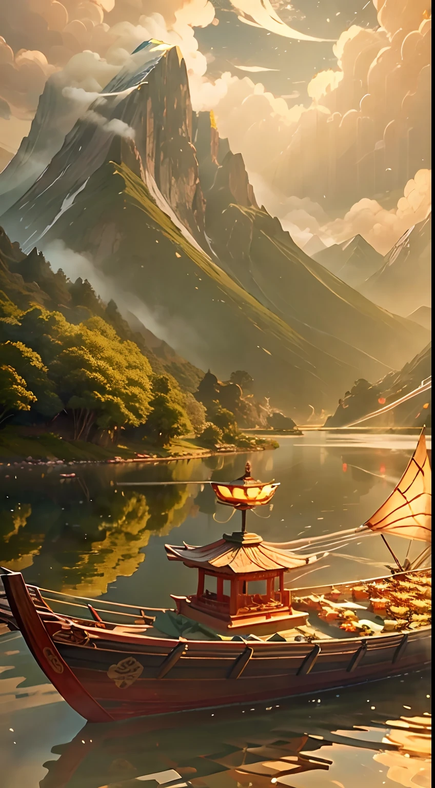 Surrounded by mountains and waters, the sky is high and cloudy, zongzi rowing dragon boats, sailing on water. The vista is a mountain and river, and the close-up pavilion corresponds to the lotus flower. Poster background image, three-dimensional, atmospheric compelling.