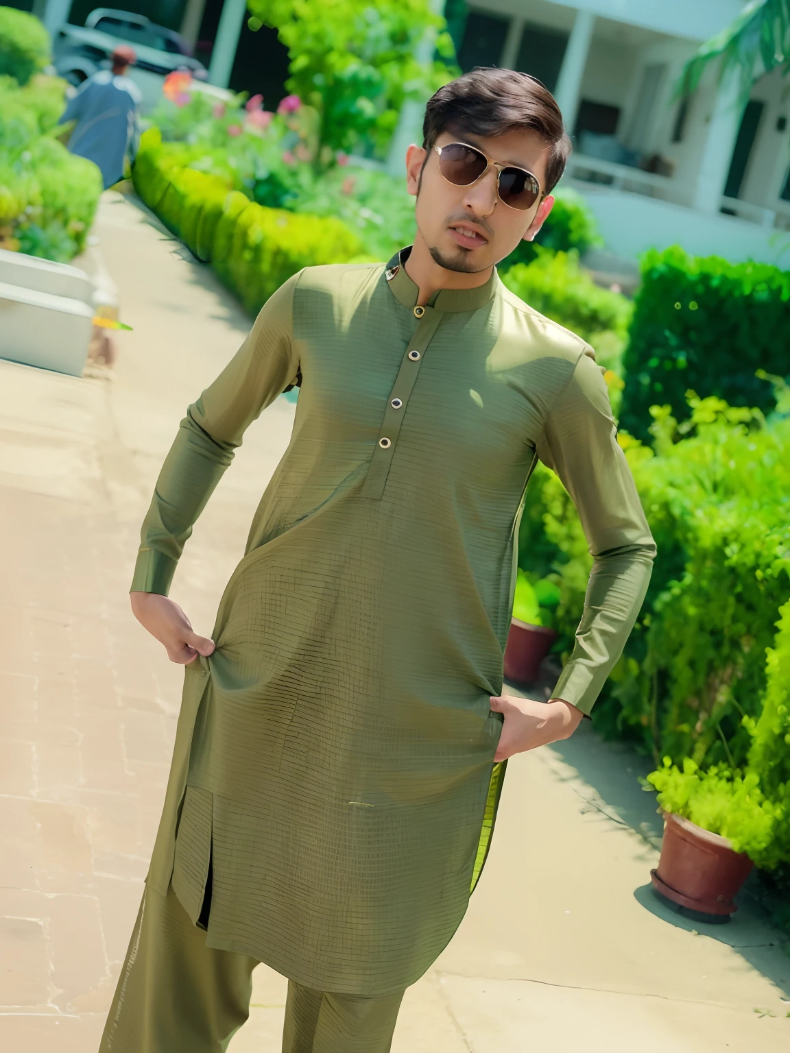 arafed man in a green shirt and sunglasses standing on a sidewalk, wearing a kurta, khyzyl saleem, kyza saleem, riyahd cassiem, ash thorp khyzyl saleem, very very low quality picture, reyyan, mohamed chahin style, by Riza Abbasi, with lovely look, in sunny weather