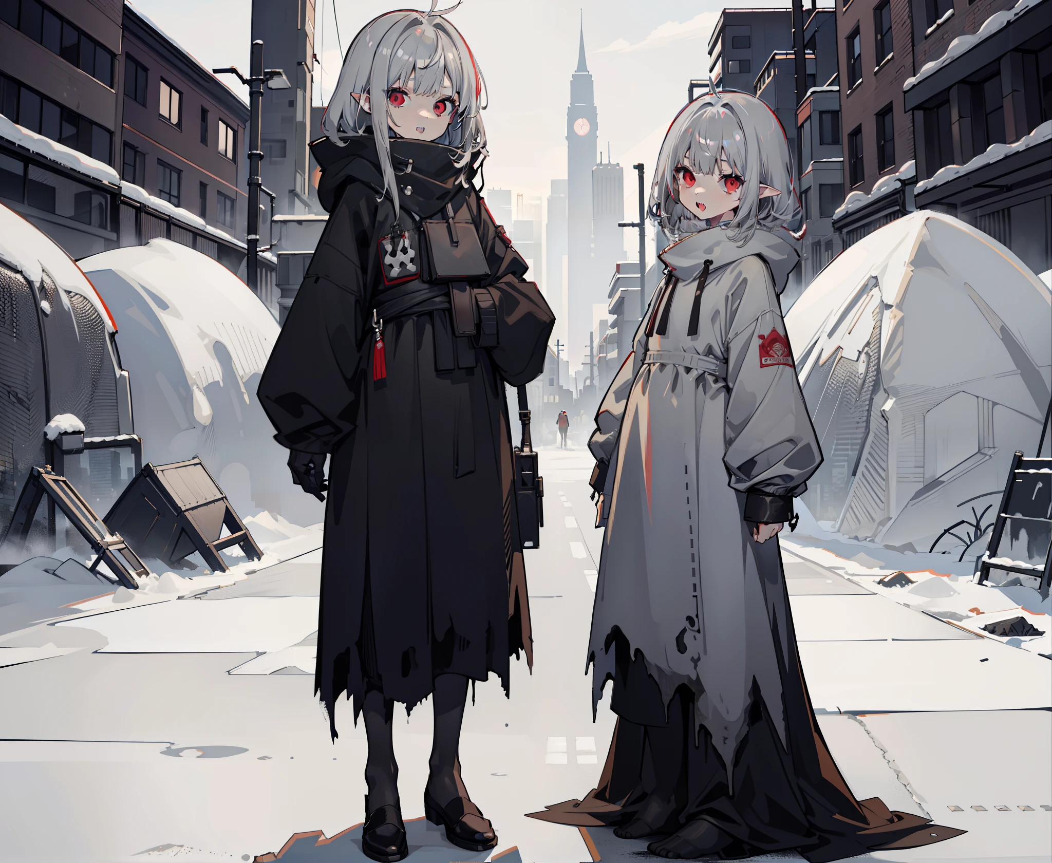 Character design multiple poses full body long shot young child little girl long ears face covered in scales alien bright red eyes full mouth sharp teeth medium length hair curtain bangs grey skin dark grey silver hair messy messy child thin dressed in dirty brown rags gloomy background ruined city covered in snow