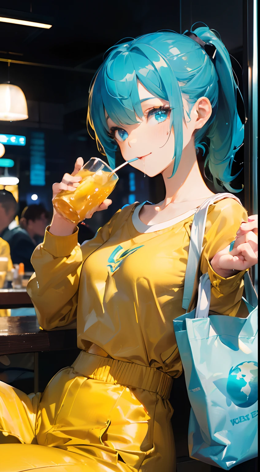 1girl , a girl , 17 yeper adorable , full head ,(Upper Body : (small breasts) , Skinny ) , ((tmasterpiece)) , (Very detailed CG unity 8K wallpaper) , best qualtiy , cinmatic lighting , (hi-top fade:1.3) , dark themed , Muted Tones , Subdued Color , highly contrast , (natural skin textures , Hyper-Realism , Soft light , sharp) , (Hair : (Light Cyan Hair:1.5) , (medium-length hair:1.5) , (shoulder-length ponytail:1.5) , ) , (Cetacean Blue eyes:1.5) , beatiful detailed eyes , (Bright eyes:1.5) , (Very fine and beautiful) , (Beautiful and detailed eye description) , ( Background : (The crowded cafe has a minimalist style Background,lemon soda on table) , afternoon time ) , Blur Background , (Wearing : ((Earth yellow Business Casual Long Sleeve Shirt :1.5) ,Earth yellow Long Sleeve ) , (A White Tote bag:1.5) , (Wheat Yellow Loose Pant:1.5) , White LV sneakers ) , full body shot , random view ,(Joyful Emotion:1.5) , Relax expression , (Pose : random sitting pose , relax smile ,( sit and (drink yellow soda:1.5)) , (hair covers one eye : 1.5)