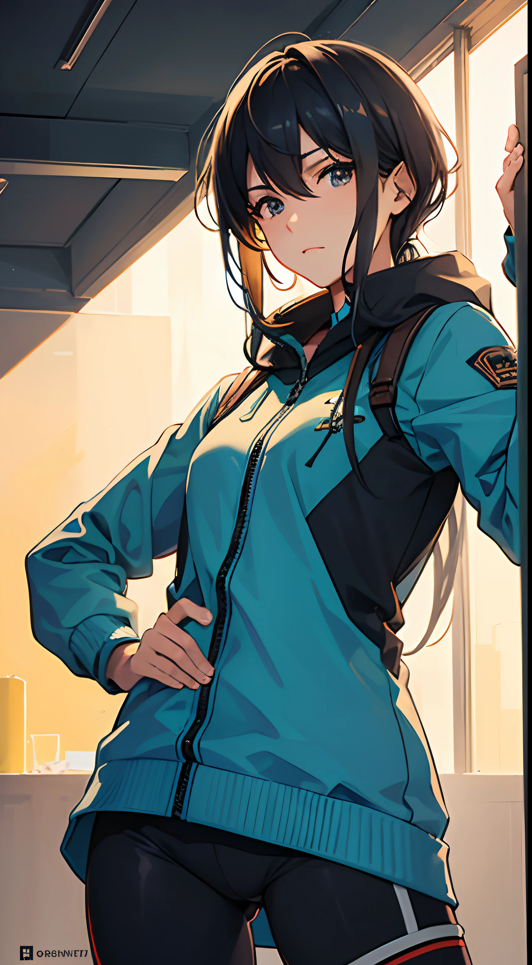 juder_style, score_9, score_8_up, score_7_up, score_6_up, score_5_up, score_4_up, hd, (ultra hd quality details), 8K, 1girl, long hair, Hourglass body, light blue eyes, dark indigo hair, 2d illustration, cyan varsity jacket