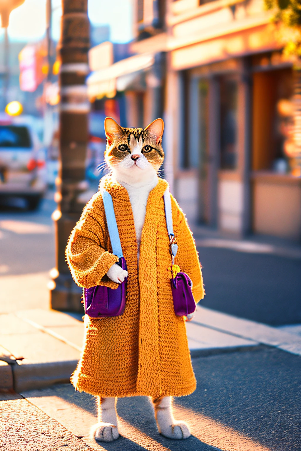 A cat in fashionable clothes stands on the street, warm sunshine, warm colors, facing the camera, healing system, 3d, blender, redshift, realistic rendering details, high definition, 8k, --ar 3:4 --NIJI  5