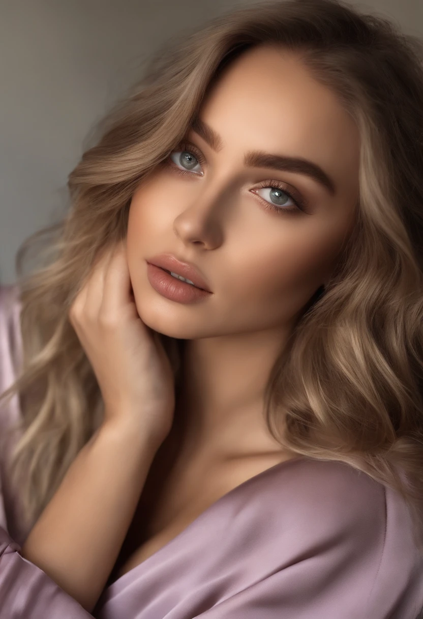 Arafed woman completely , fille sexy aux yeux bleus, ultra realist, Meticulously detailed, Portrait Sophie Mudd, cheveux blonds et grands yeux, espagnol, selfie of a young woman, Yeux de chambre, Violet Myers, sans maquillage, maquillage naturel, looking straight at camera, Visage avec Artgram, Maquillage subtil, Great photo of the whole body kneeling on the bed, dans la chambre, Medium to large bust;