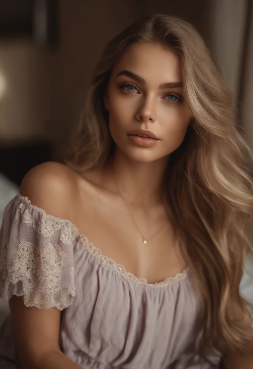 Arafed woman completely , fille sexy aux yeux bleus, ultra realist, Meticulously detailed, Portrait Sophie Mudd, cheveux blonds et grands yeux, selfie of a young woman, Yeux de chambre, Violet Myers, sans maquillage, maquillage naturel, looking straight at camera, Visage avec Artgram, Maquillage subtil, Great photo of the whole body kneeling on the bed, dans la chambre, Medium to large bust
