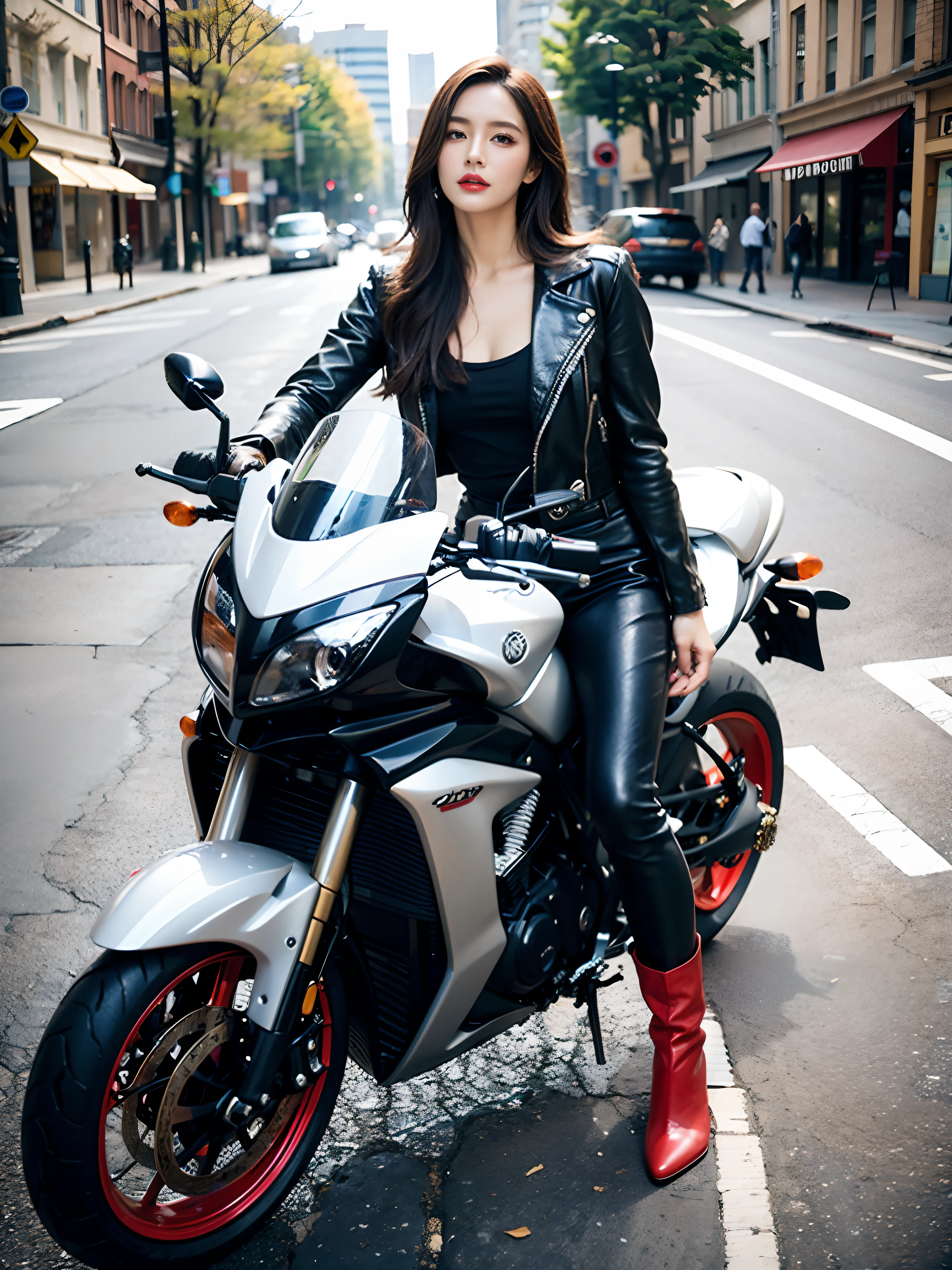 solo person，独奏，elongated face，Tall nose，largeeyes，二重まぶた，Light-colored eyeshadow，Redlip，Long hair shawl，mature pretty woman，Slim figure，Black leather jacket and skinny leather pants，Leather glove，Leather boots，Stand up，outside，the street，the motorcycle，Look to the lens，hyper qualit，4K，Photo level，True skin texture，