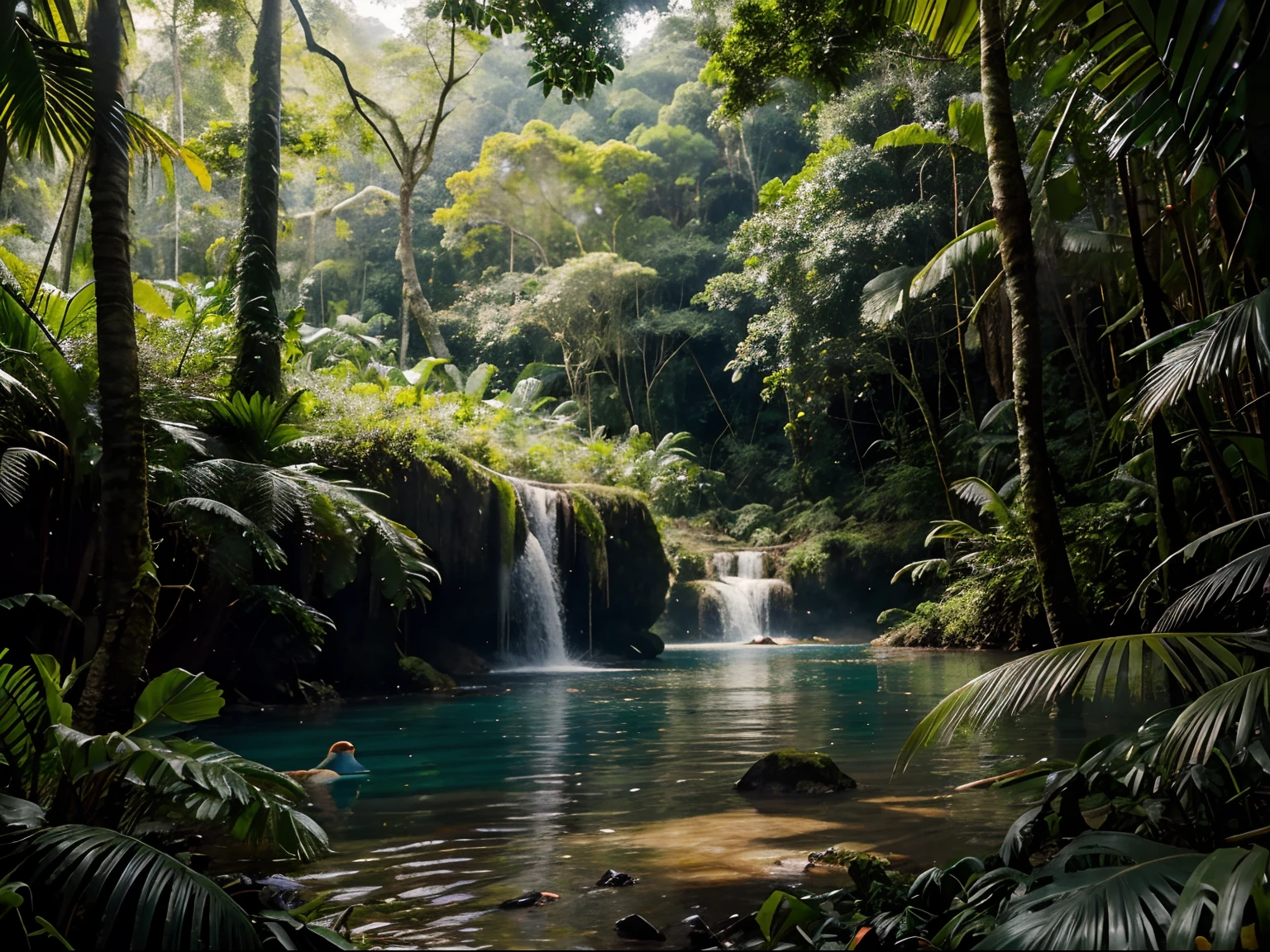 A stunning backdrop of a rainforest, com um rio serpenteando pela selva, Colorful birds flying among the lush trees, uma atmosfera tranquila e serena, Pintura, aquarela em papel, --ar 16:9 --v 5