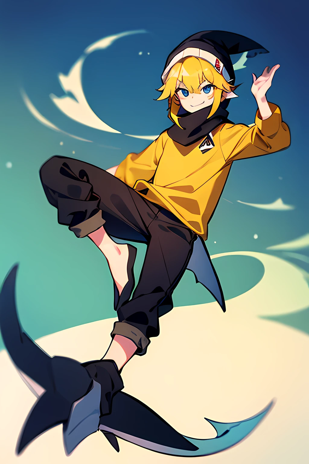1guy, shoulder length fluffy light yellow hair, smug, grey shark beanie, yellow shirt, black pants