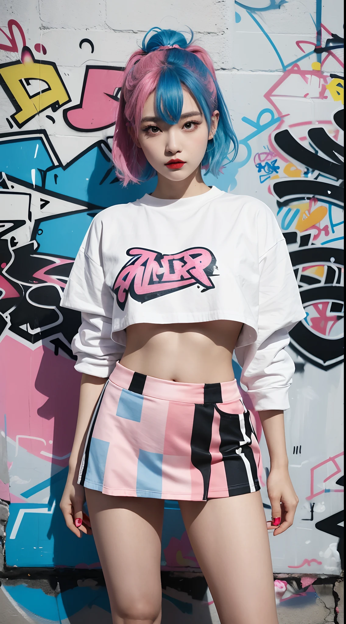 An Asian girl, with pink hair, with a cap in the shape of a light blue kitten, with a fuzzy cropped in the shape of a kitten, underneath a well-detailed yellow and pink t-shirt, a pink and blue fuzzy skirt, with yellow sneakers, with her hands making a peace signal, realistic, studio photo, black background, full bodied