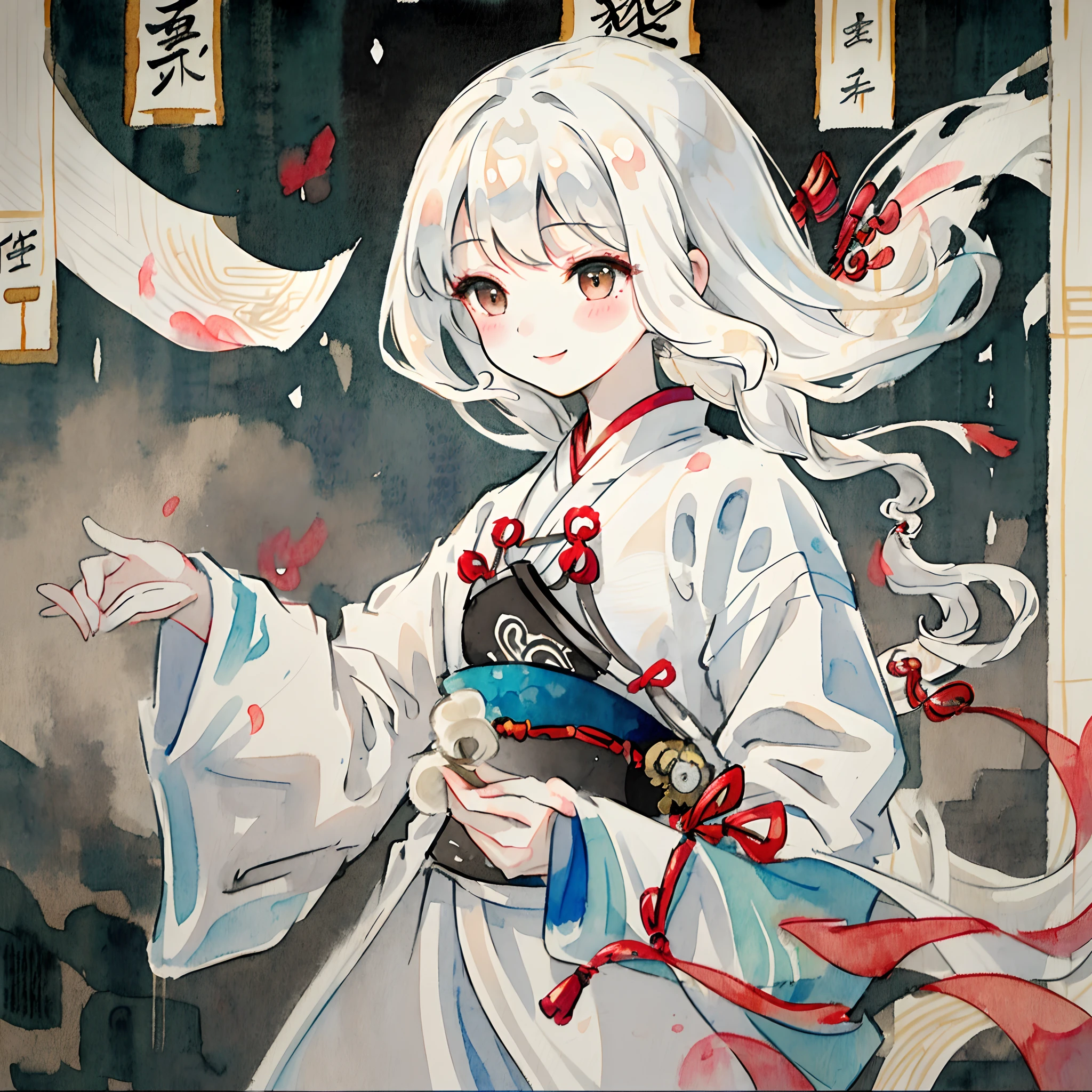 Traditional chinese painting,ink and watercolor painting,one-girl,Smile,White clothes,ancient wind,s girl,A white snake,rained