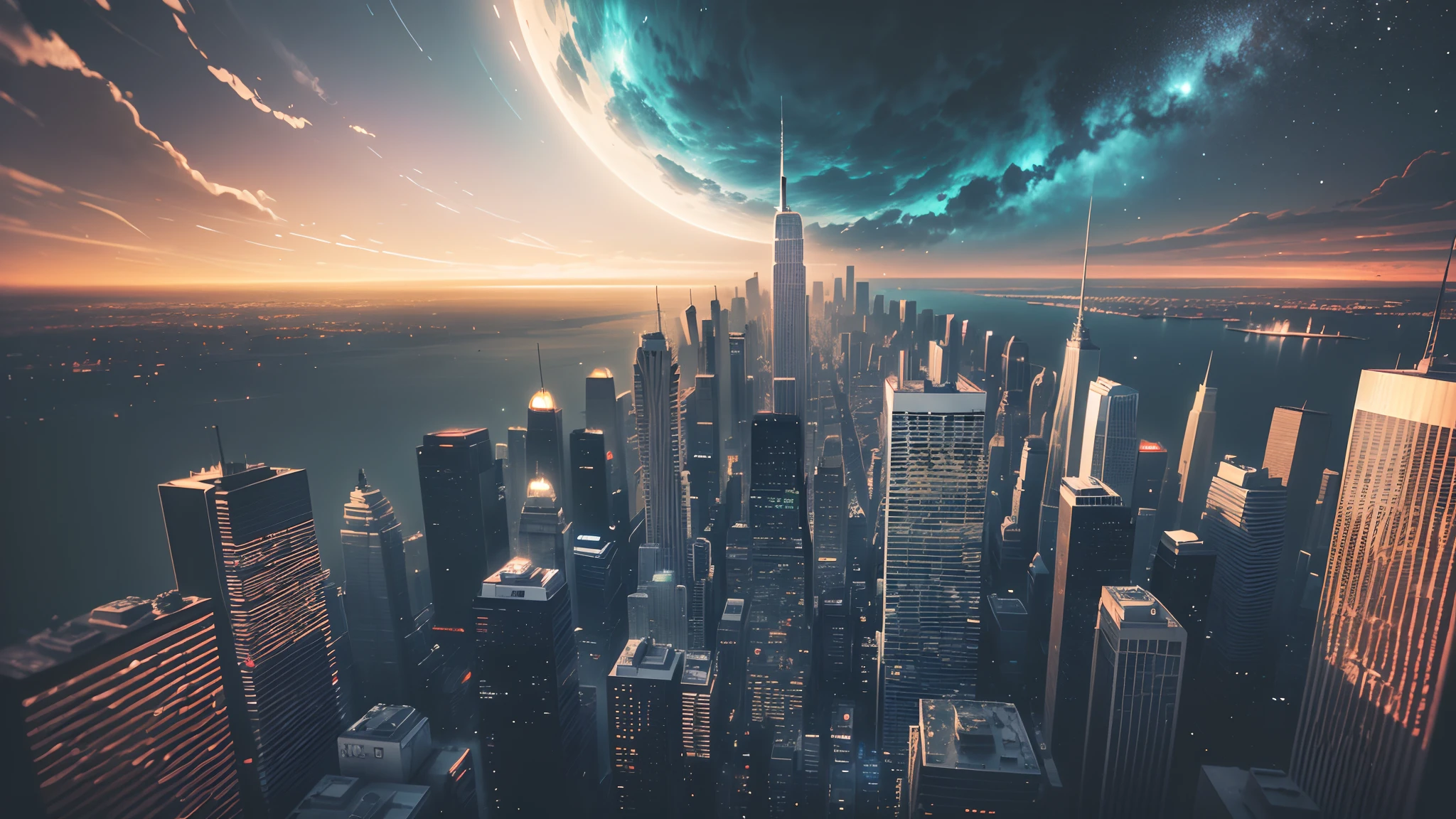 An exciting scene of a futuristic city on the edge of an abyss, Giant skyscrapers rising towards the sky, luzes de neon brilhantes iluminando a paisagem noturna, An atmosphere of suspense and tension, Fotografia, DSLR camera with a wide-angle lens, --auto --s2