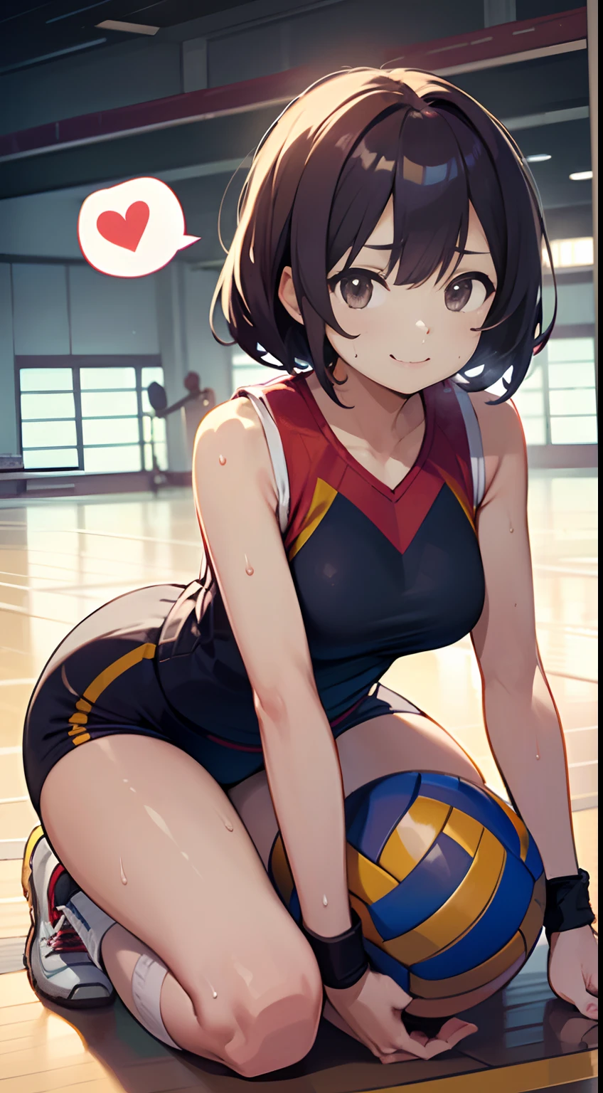 nffsw, Anatomically correct, 8K, (((masutepiece))), (((Best Quality))), (((ultra-detailliert))), (((hight resolution))), ((superfine illustration)), ((Ultimate cutie)), Detailed beautiful face, Solo, ((gals)), pot-bellied, ((Curve)), Shiny hair, Happy, Smile, (blush),
 BREAK, (((Buruma))), ((Sleeveless gym clothes)), ((wristbands)), ((Kneepads)), (((Loose socks))), ((High Top Sneakers)), Buruma, Buruma, 
 BREAK, (((Throw a beautiful spherical 6-inch volleyball))),  ((Sweat)), (perspired), (Heavy breathing), Sense of depth, in gymnasium, Lighting, Look at viewers, (Spoken Heart)