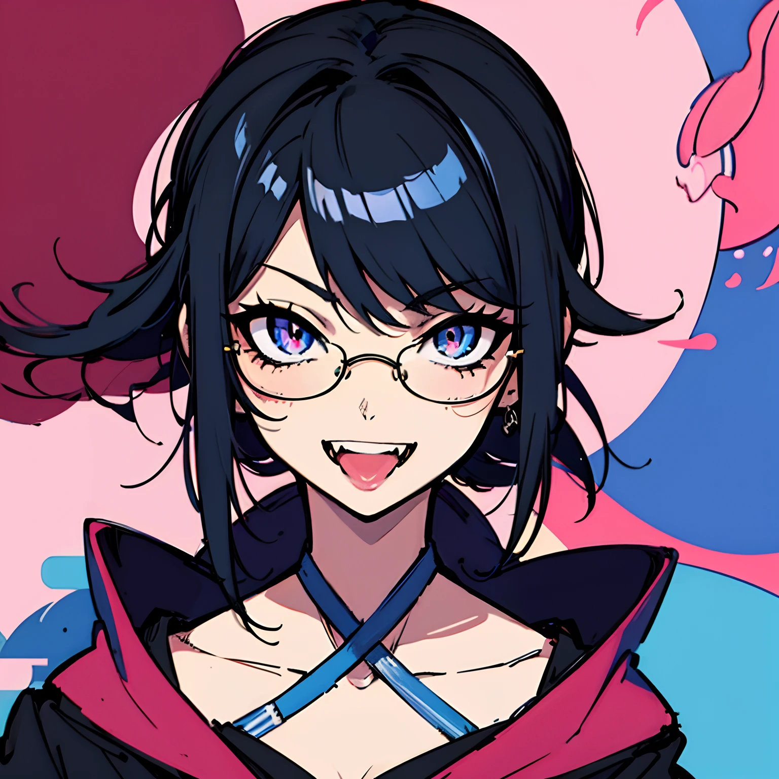 Anime girl with black hair and pink glasses, artwork in the style of guweiz, anime vibes, anime style illustration, Cute art style, anime aesthetic, digital anime illustration, 2 d anime style, anime style portrait, Style Anime, Anime Art Style, clean detailed anime style, Anime style, Anime Illustration, digital art ilya kuvshinov, piercings, show tongue, crazy face, crazy eyes, crazy smile, fang tooth