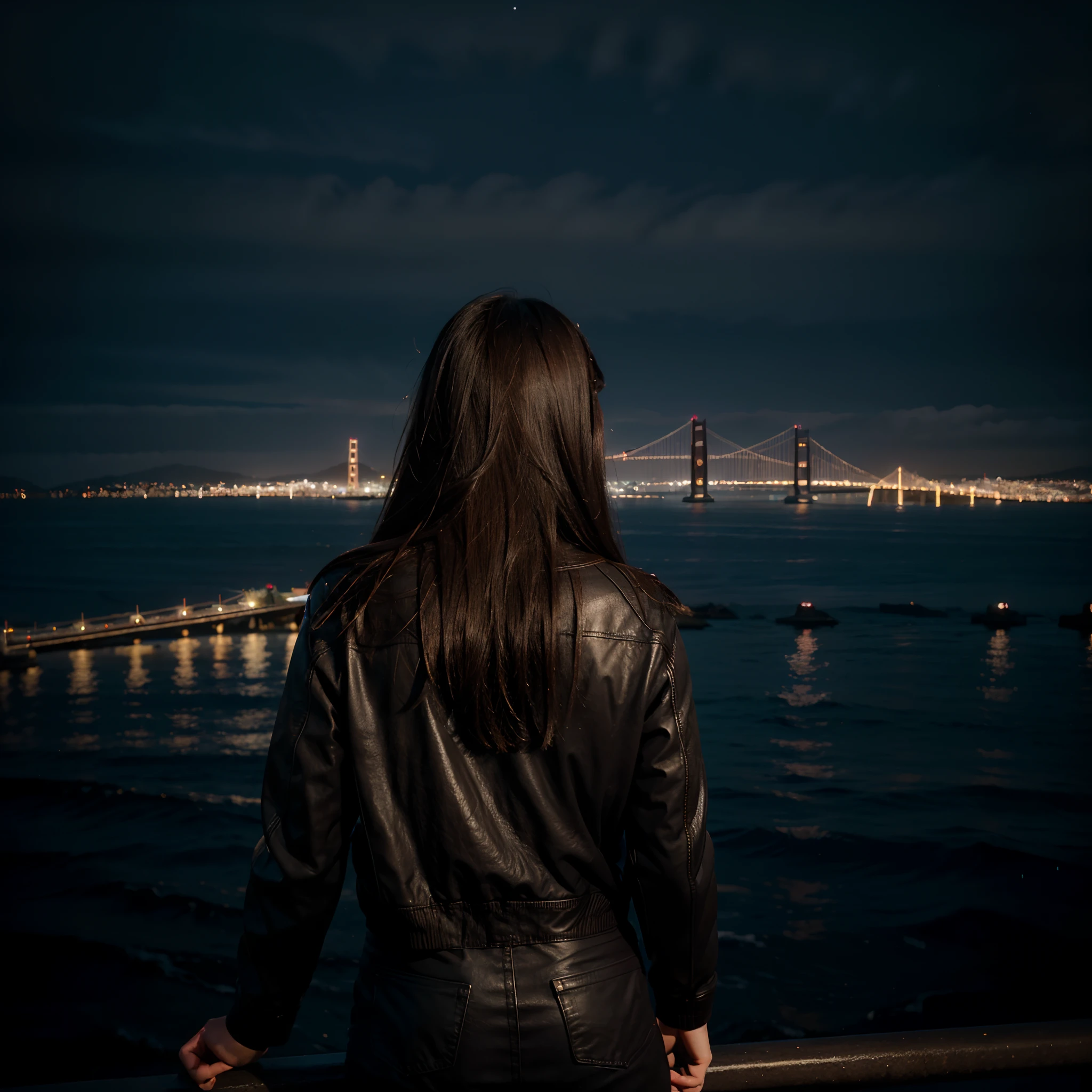 the night, Girl with long dark brown hair, stands with his back, Dressed in a leather jacket, Looking at San Francisco at night, night city, Building, ocean, City lights are illuminated with the best quality, Hi-Def, Masterpiece, Detailed, beste-Qualit, 8K