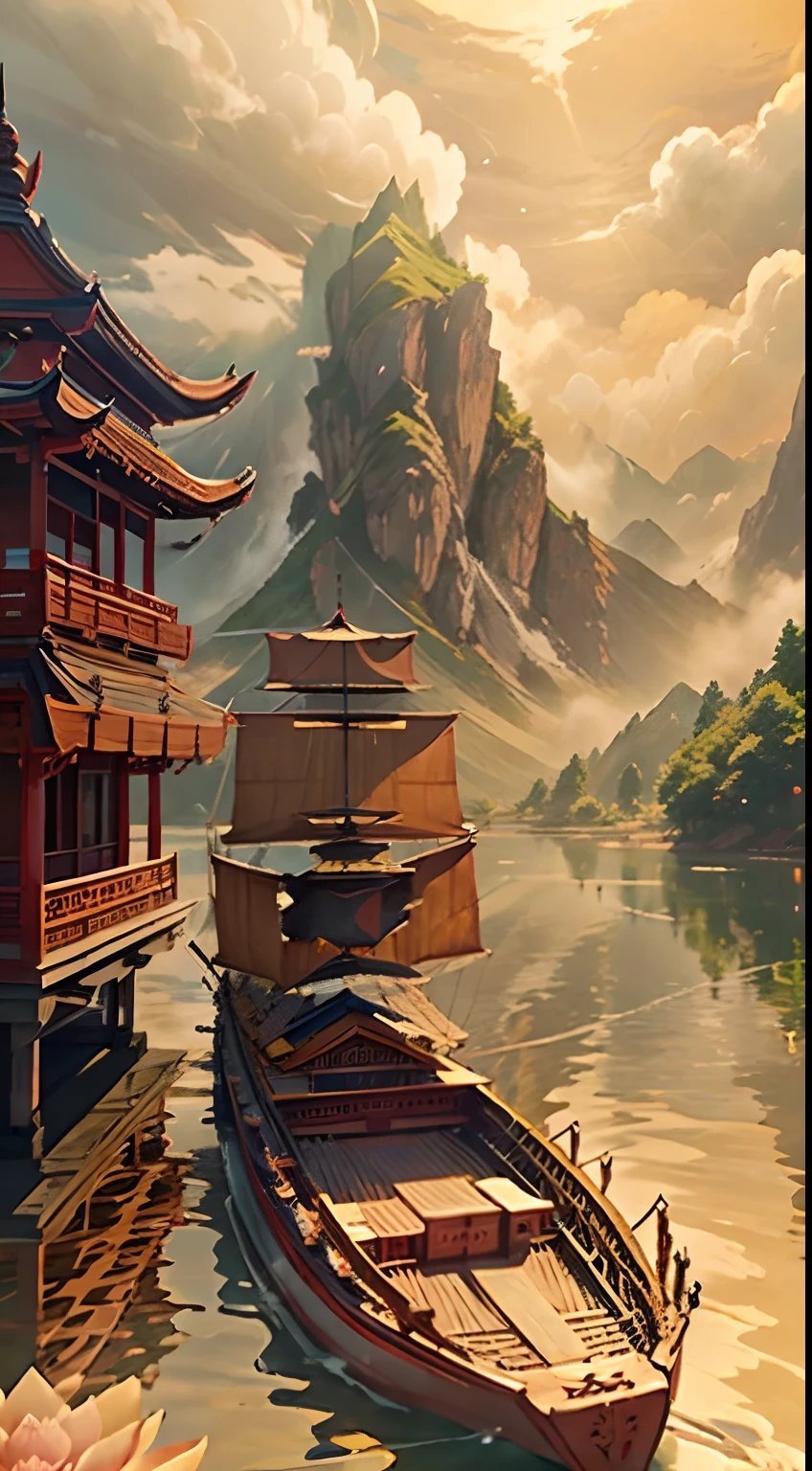 Surrounded by mountains and waters, the sky is high and cloudy, zongzi rowing dragon boats, sailing on water. The vista is a mountain and river, and the close-up pavilion corresponds to the lotus flower. Poster background image, three-dimensional, atmospheric compelling.