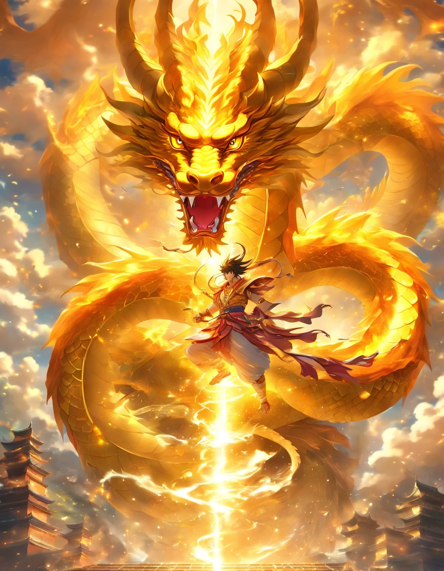 「Make an illustration of the golden dragon god。Long as a snake、Heading Up、Shōryū、Sunny sky、spiritual、Spirit、chakra、Spiritual world、Fantastical」